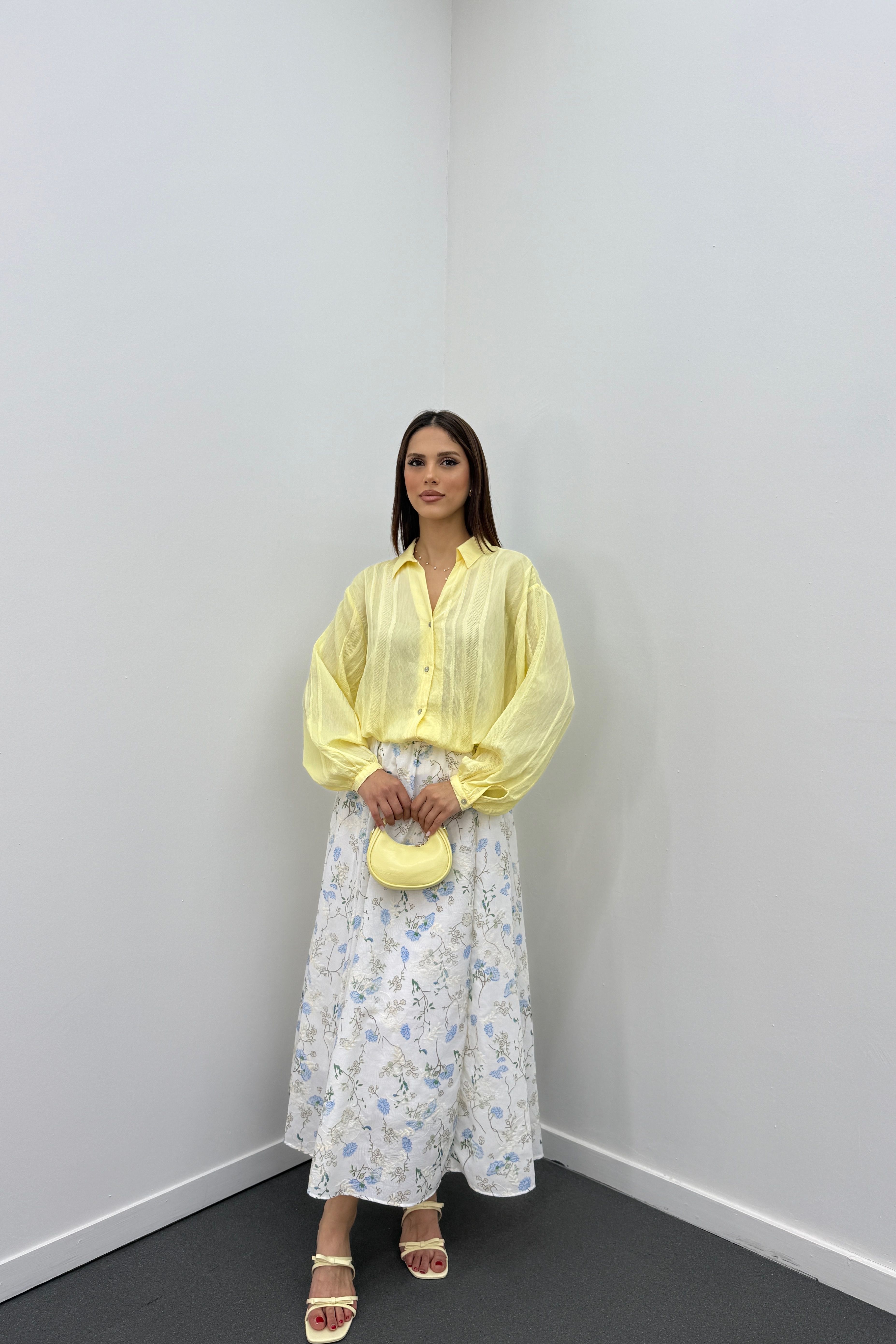 Asina Mavi Çiçek Desenli Midi Etek 