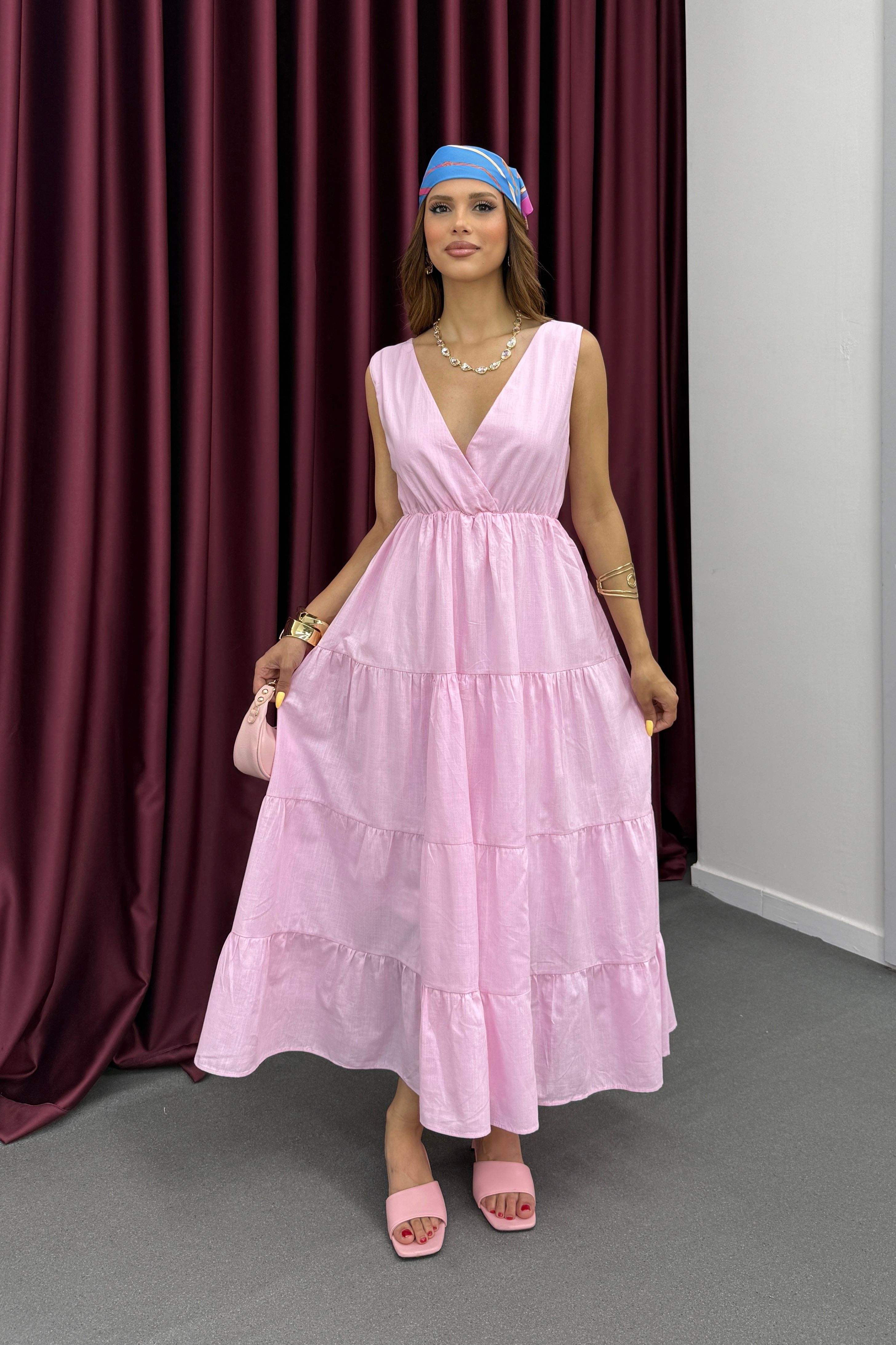 Cora Pembe Kruvaze Maxi Keten Elbise