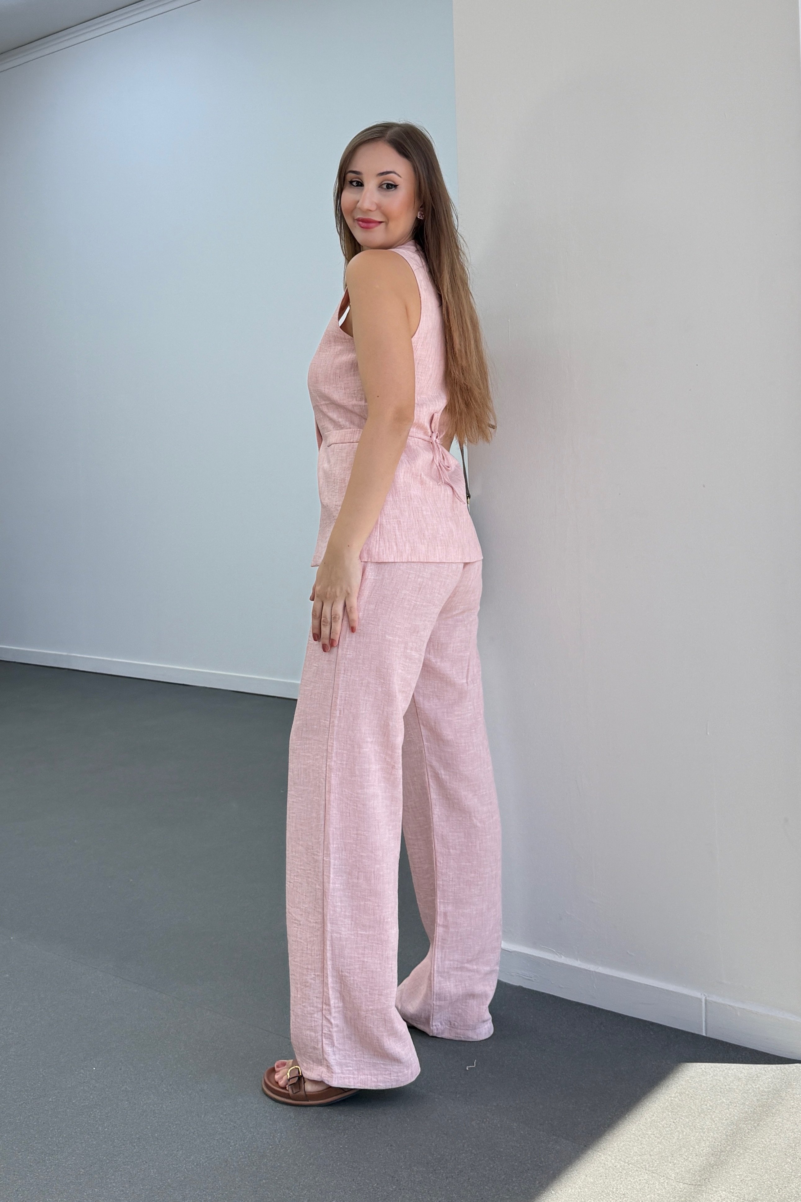 Pimmy Pembe Keten Premium Yelek Ve Pantolon Takımı