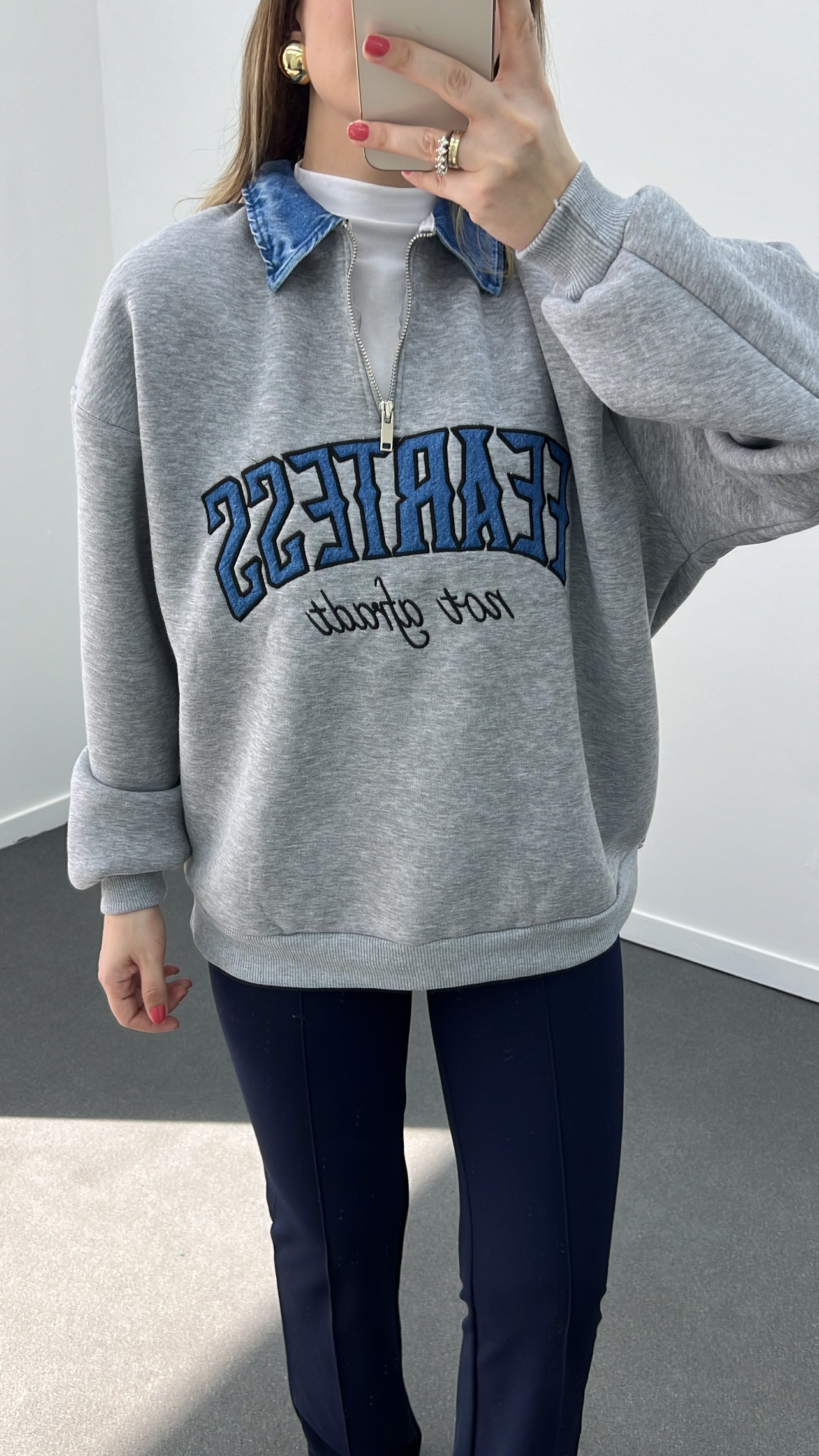 Fearless Gri Kot Yakalı Sweatshirt 