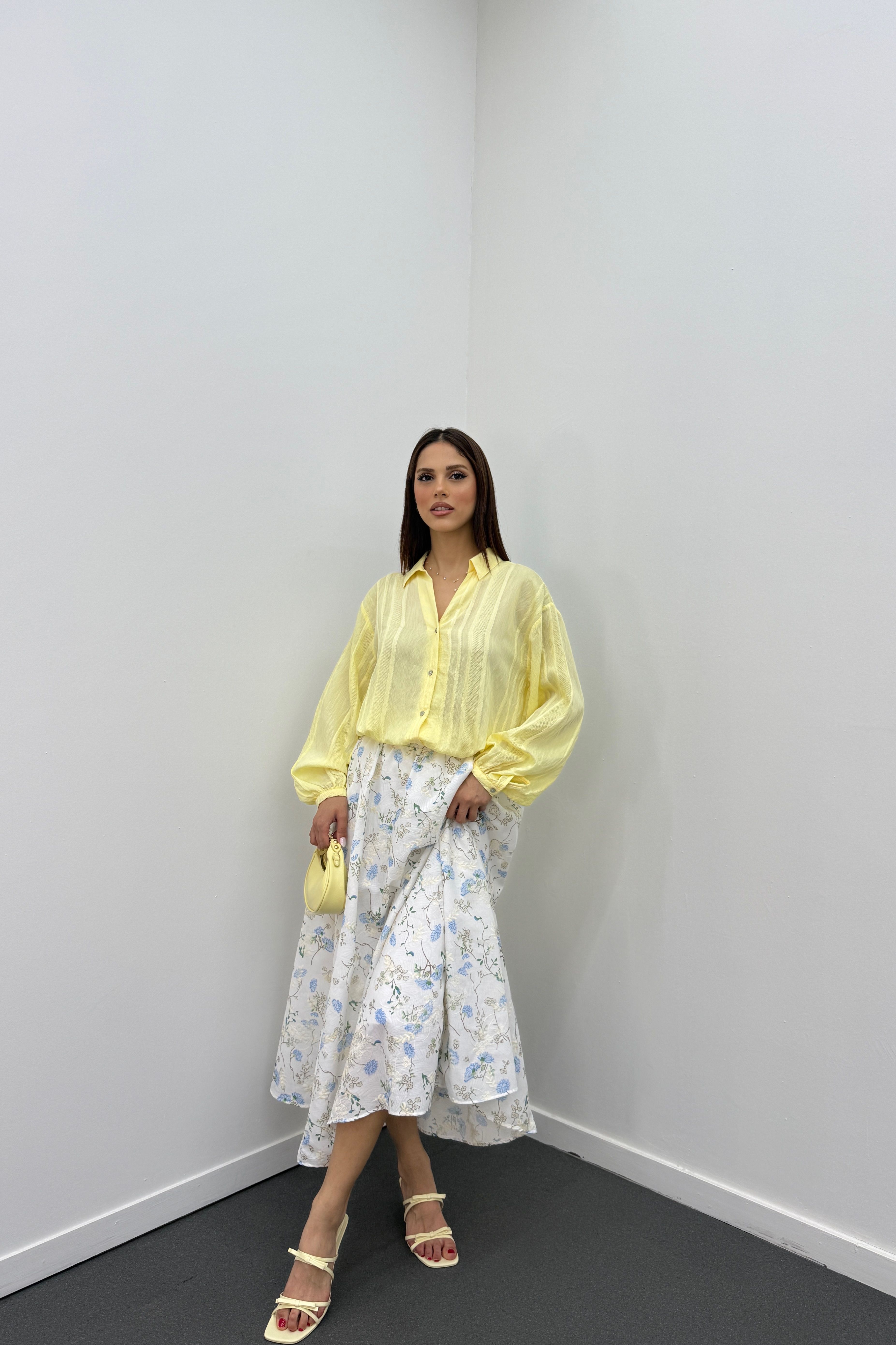 Asina Mavi Çiçek Desenli Midi Etek 