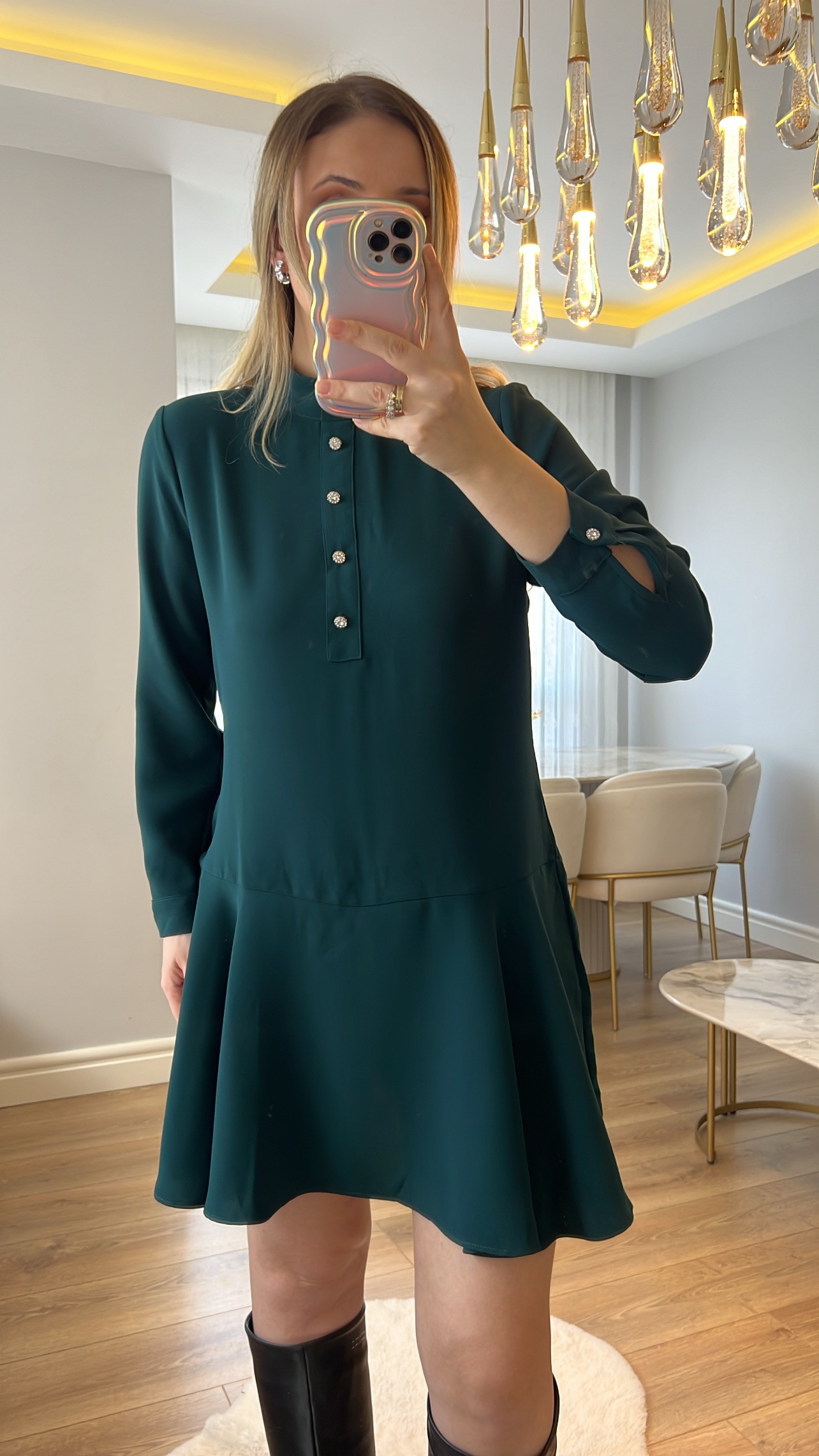 ZR Zümrüt Yeşili Taş Aksesuarlı Elbise