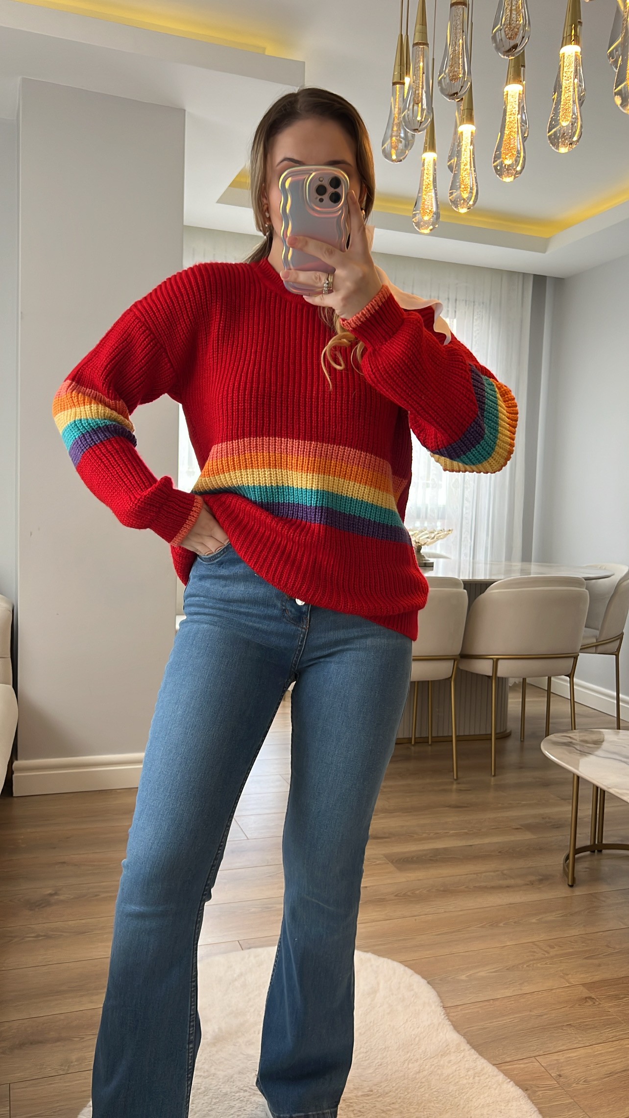 Kırmızı Rainbow Vintage Desenli Kazak