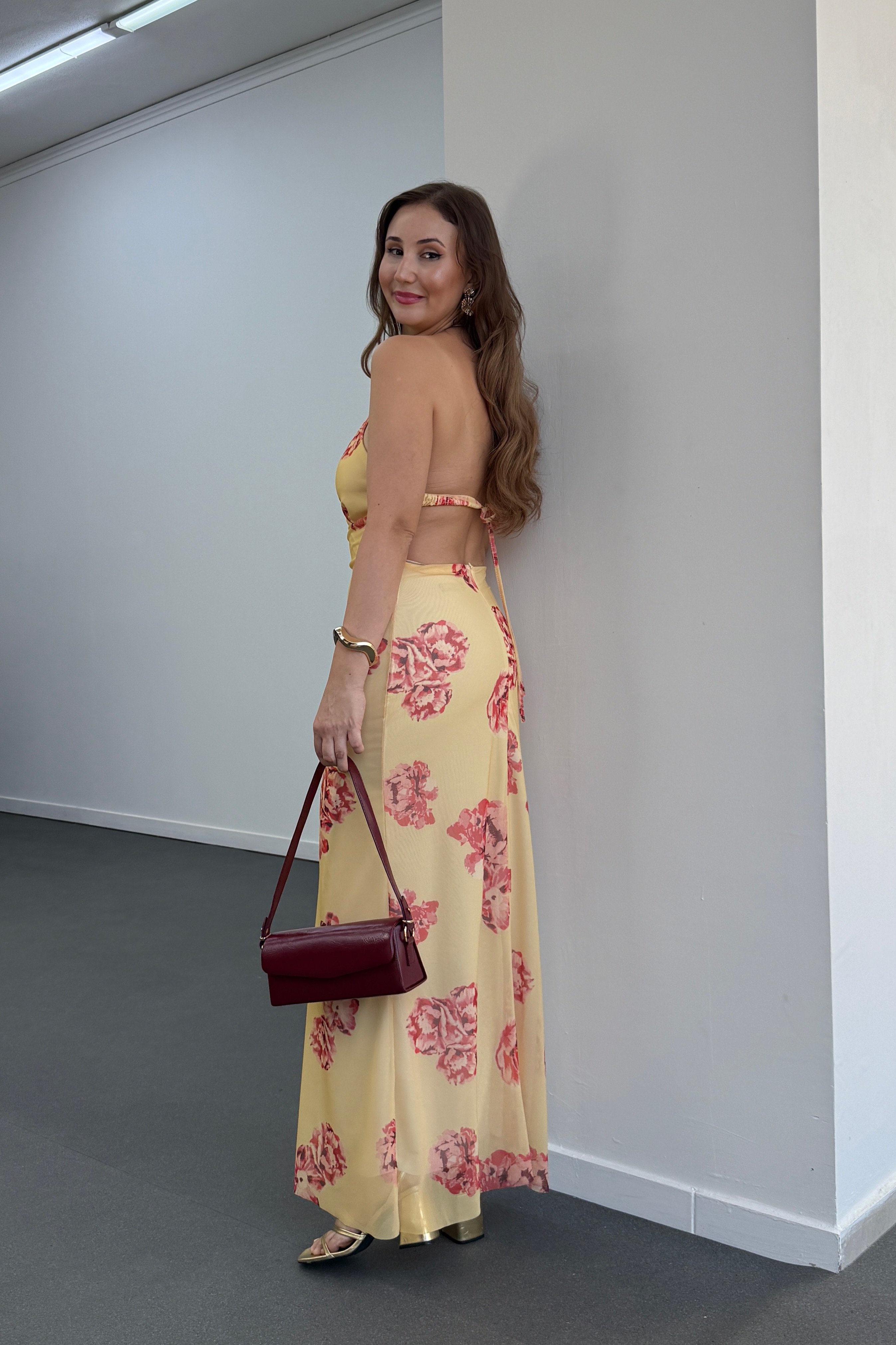Stella Tereyağı Sarı Çiçek Desenli Maxi Elbise