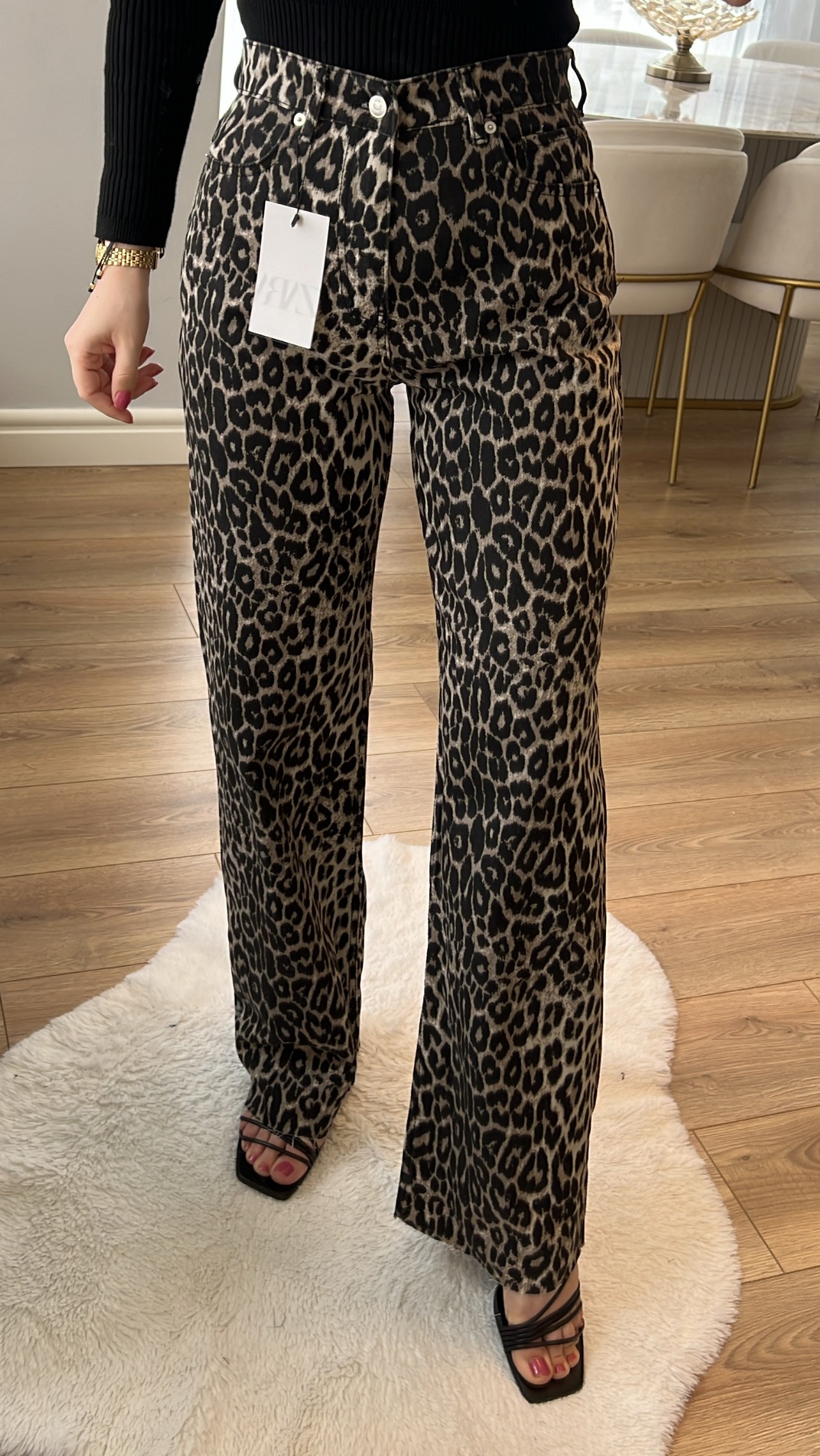 Robert Premium Siyah Leopar Wide Leg Jeans