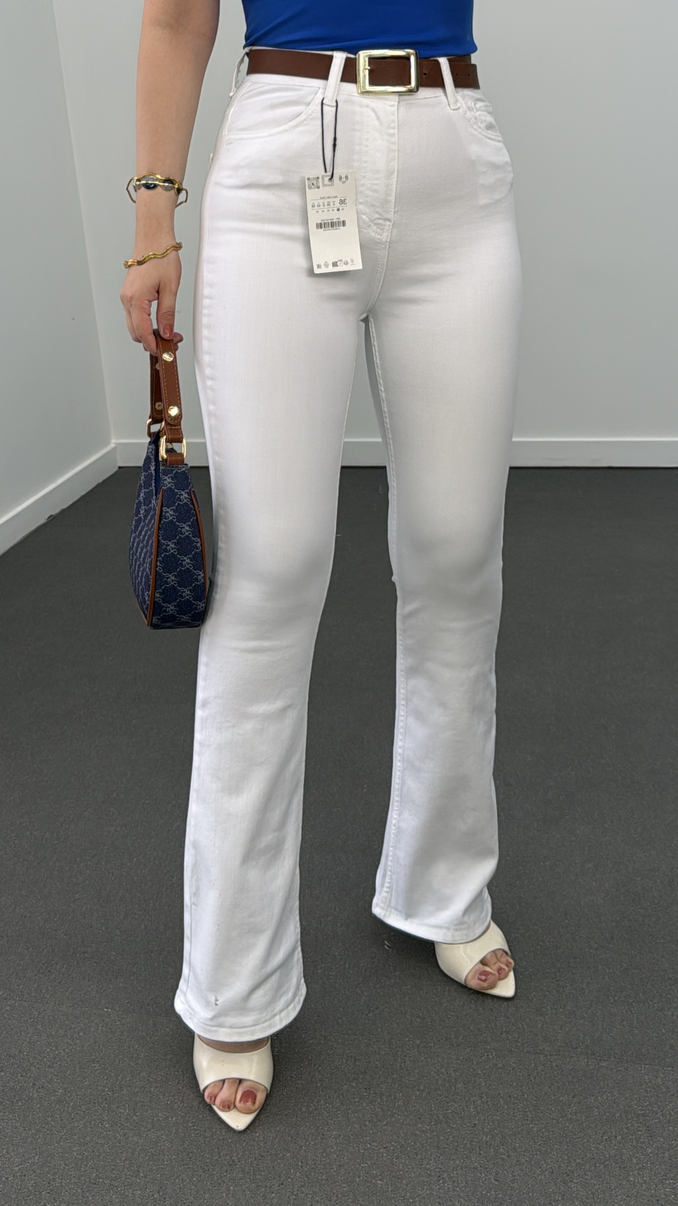 Blugi ZR albi cu talie extra inalta din Lycra