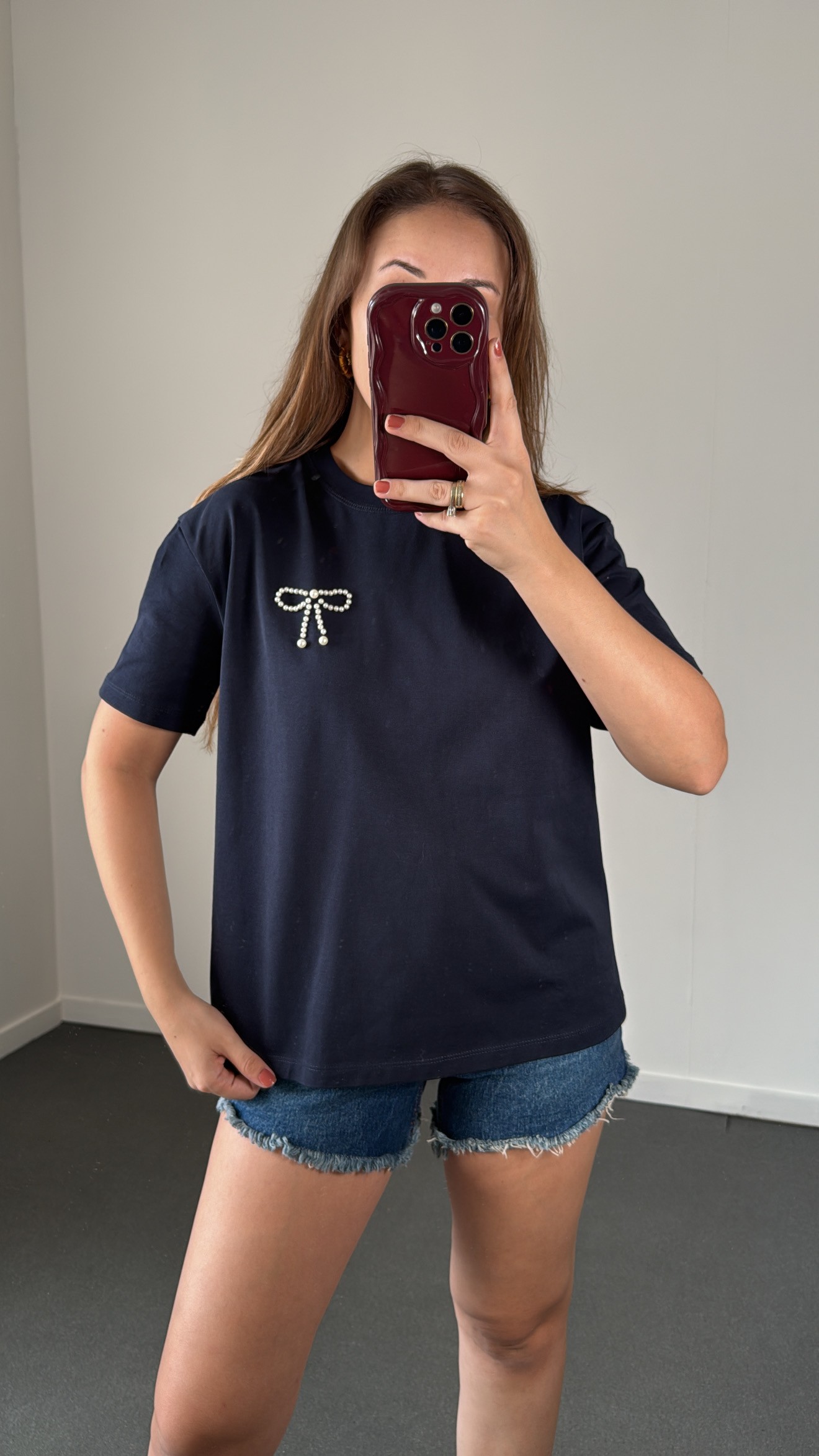 Lacivert İncili Kurdele Detaylı Tshirt