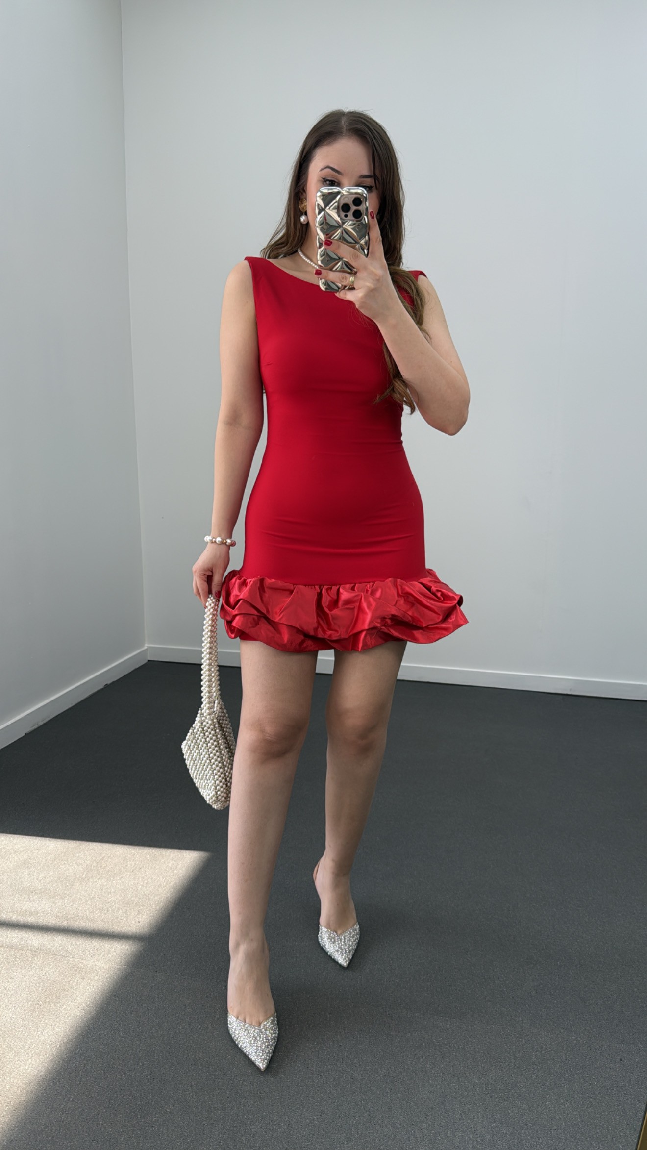 Ballery Kırmızı Saten Fırfırlı Şortlu Mini Elbise 