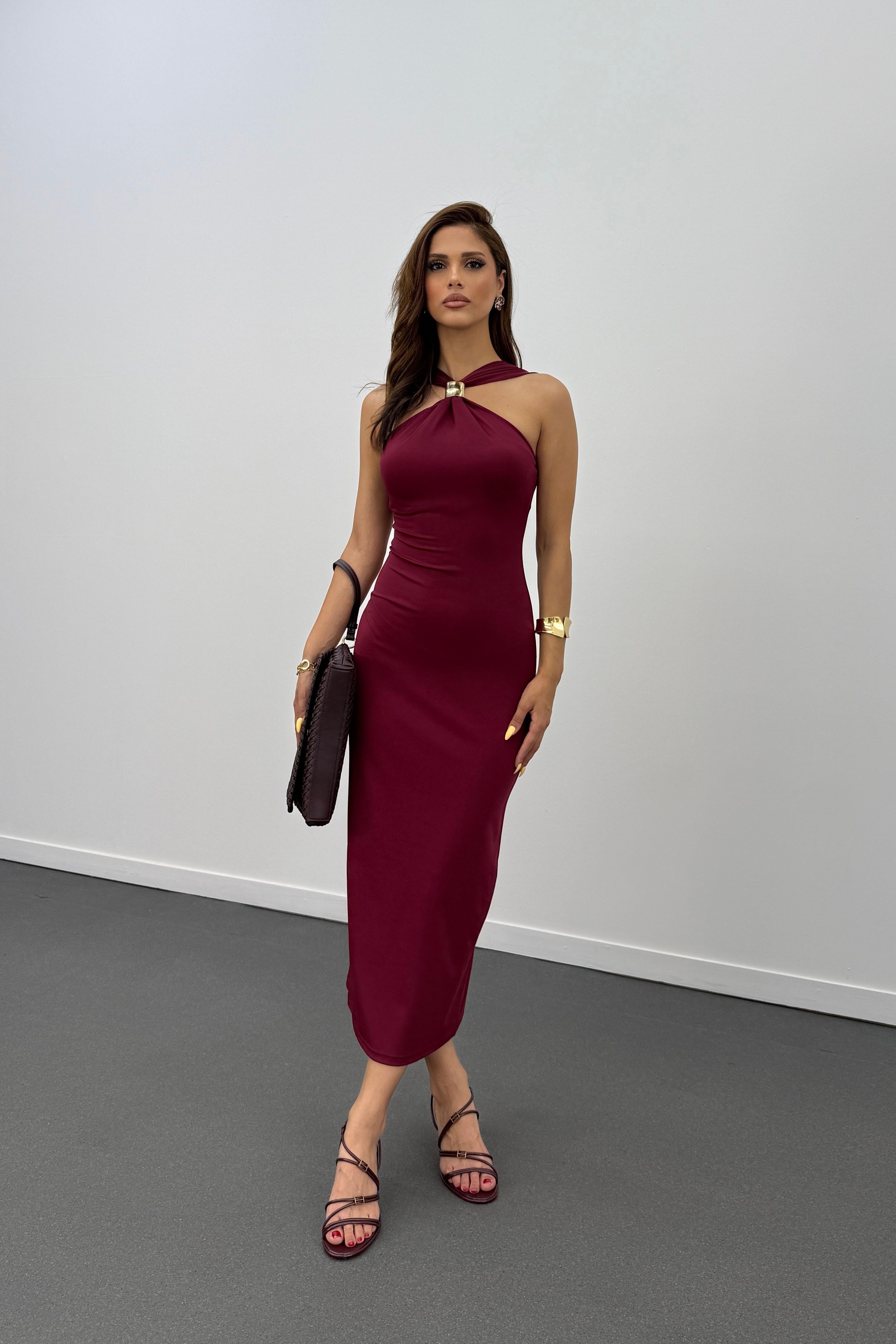 Gabrini Bordo Gold Toka Detaylı Kalem Elbise