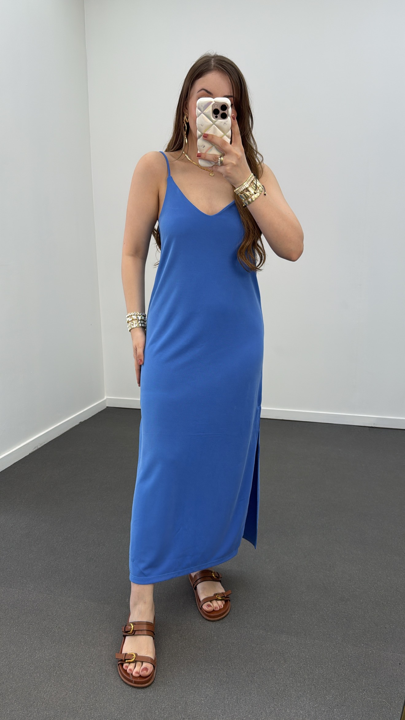 Joana Mavi Askılı Modal Midi Elbise 