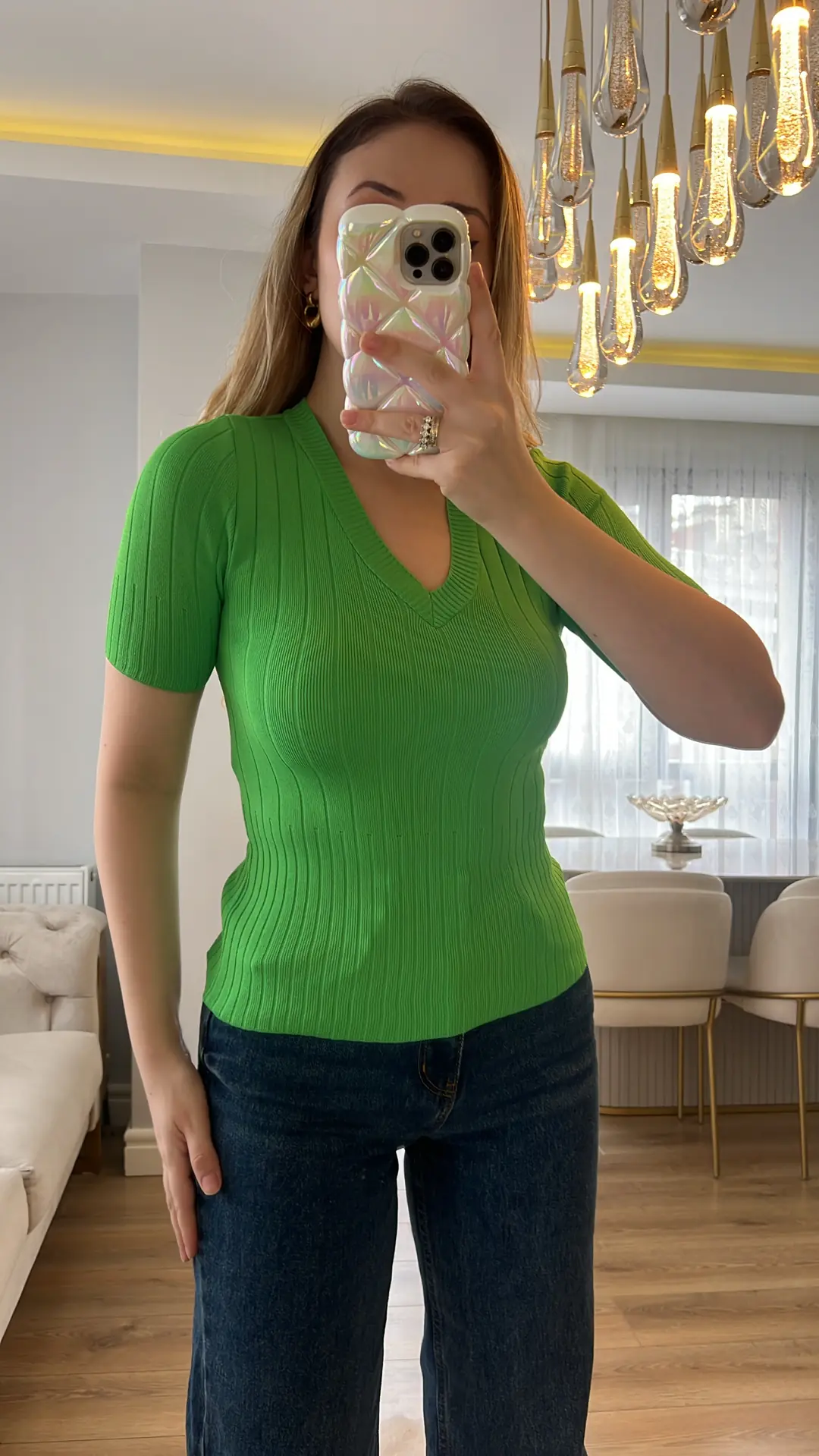 Milena V Yaka Yeşil Triko