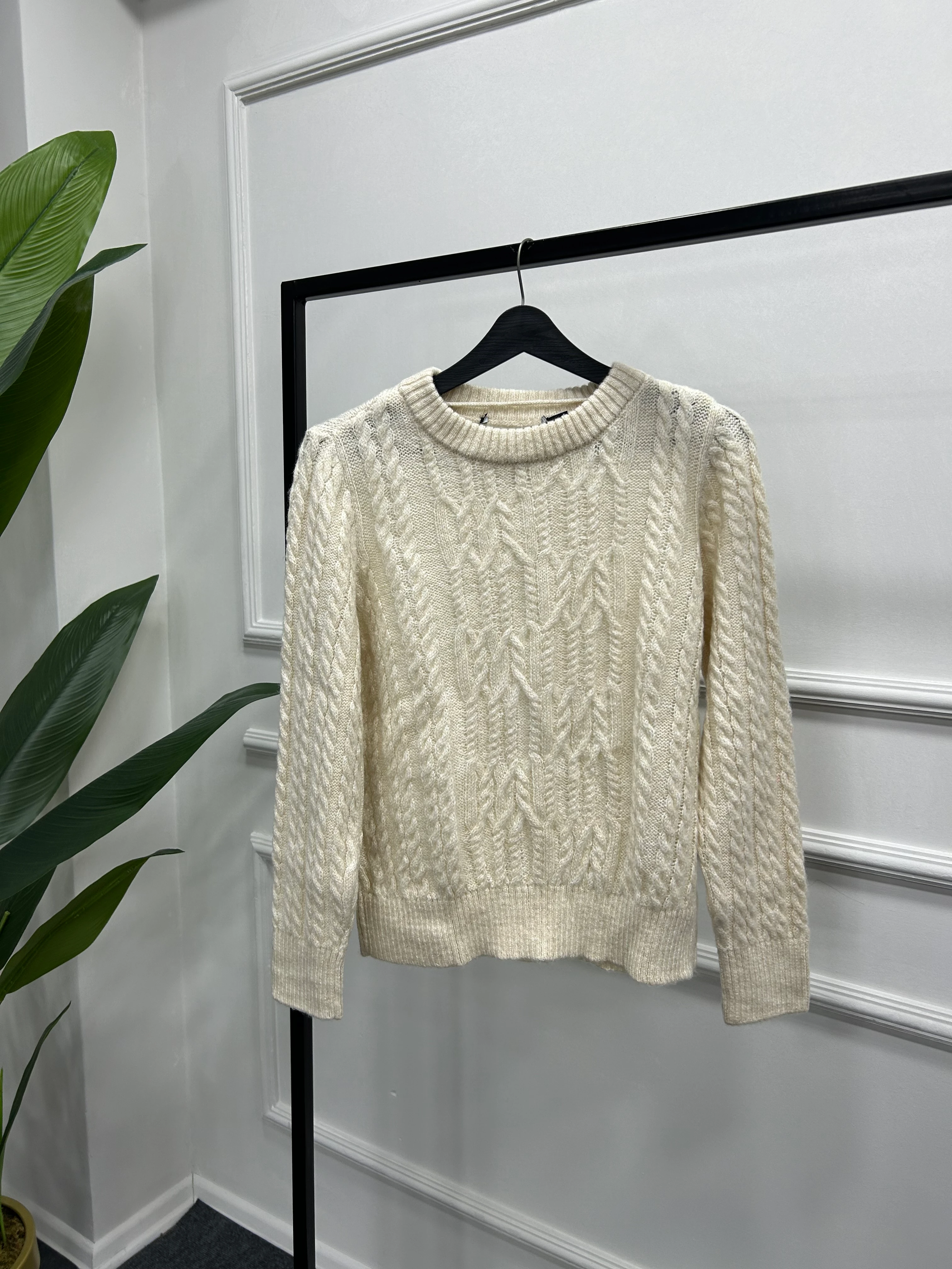 Krem Renk Örgü Detay Kazak   DFL