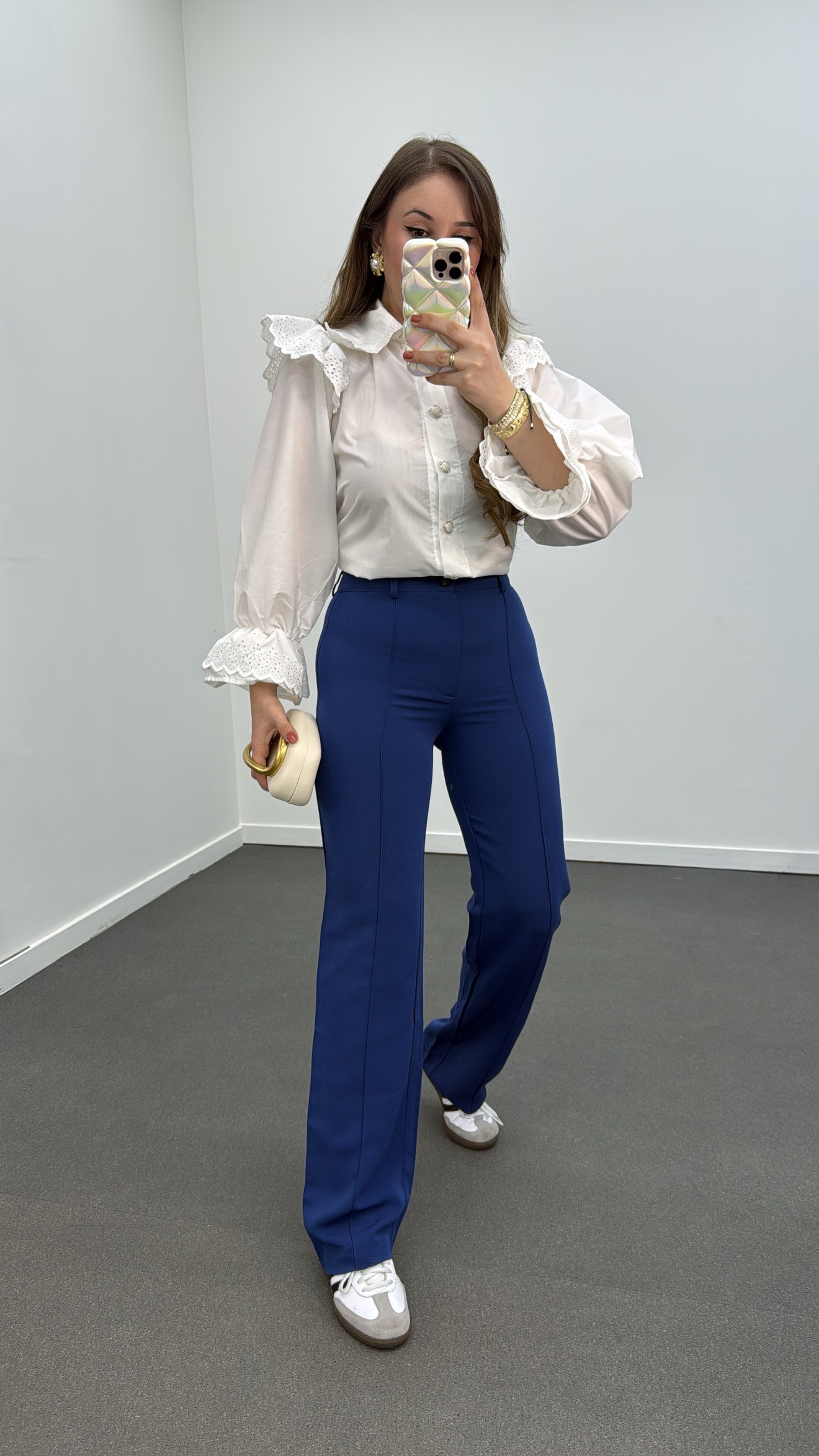 Pantaloni meg din țesătură Palazzo cu coase albastru Indigo