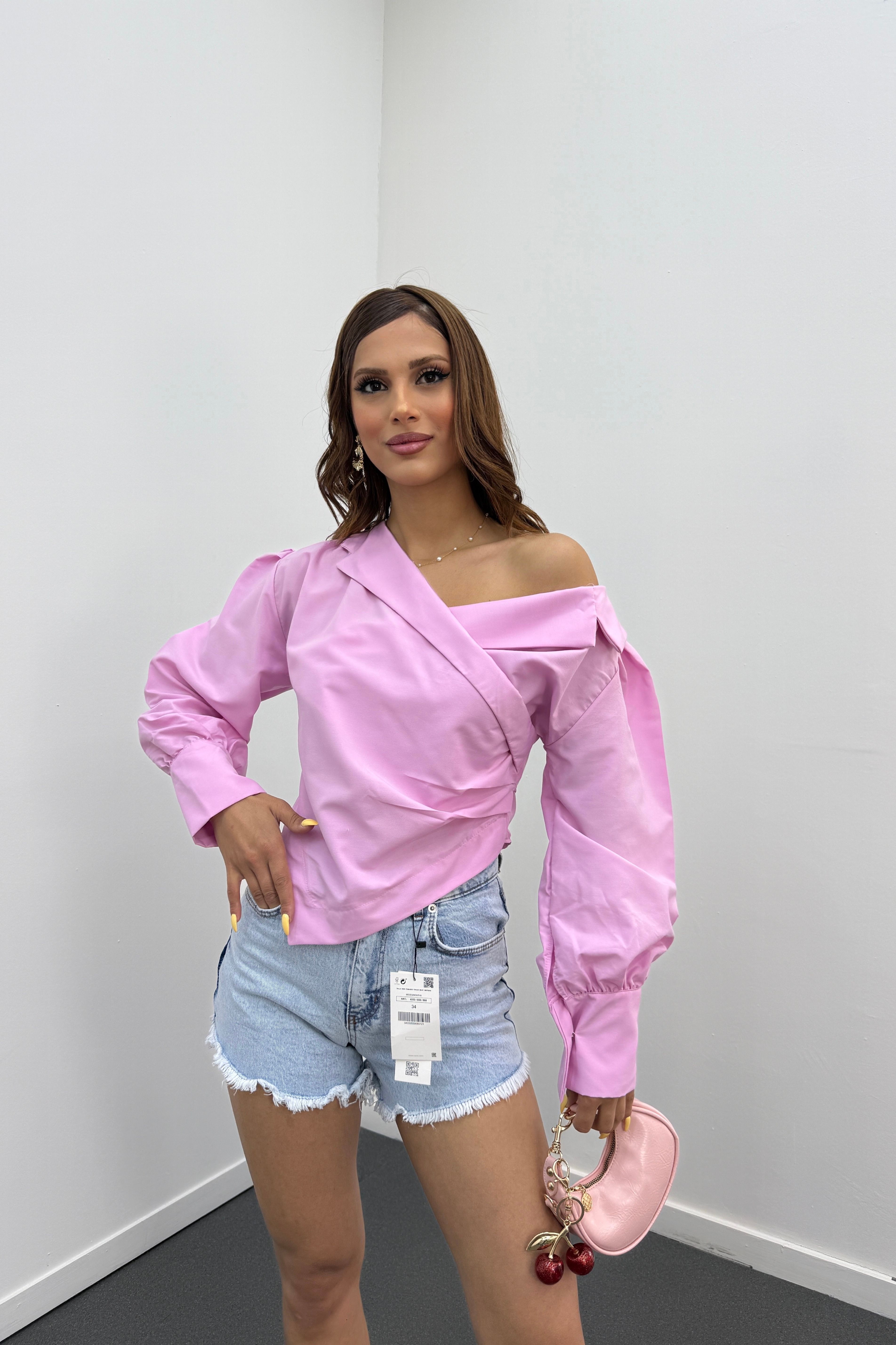 Suzy Pembe Kruvaze Tasarım Gömlek Bluz