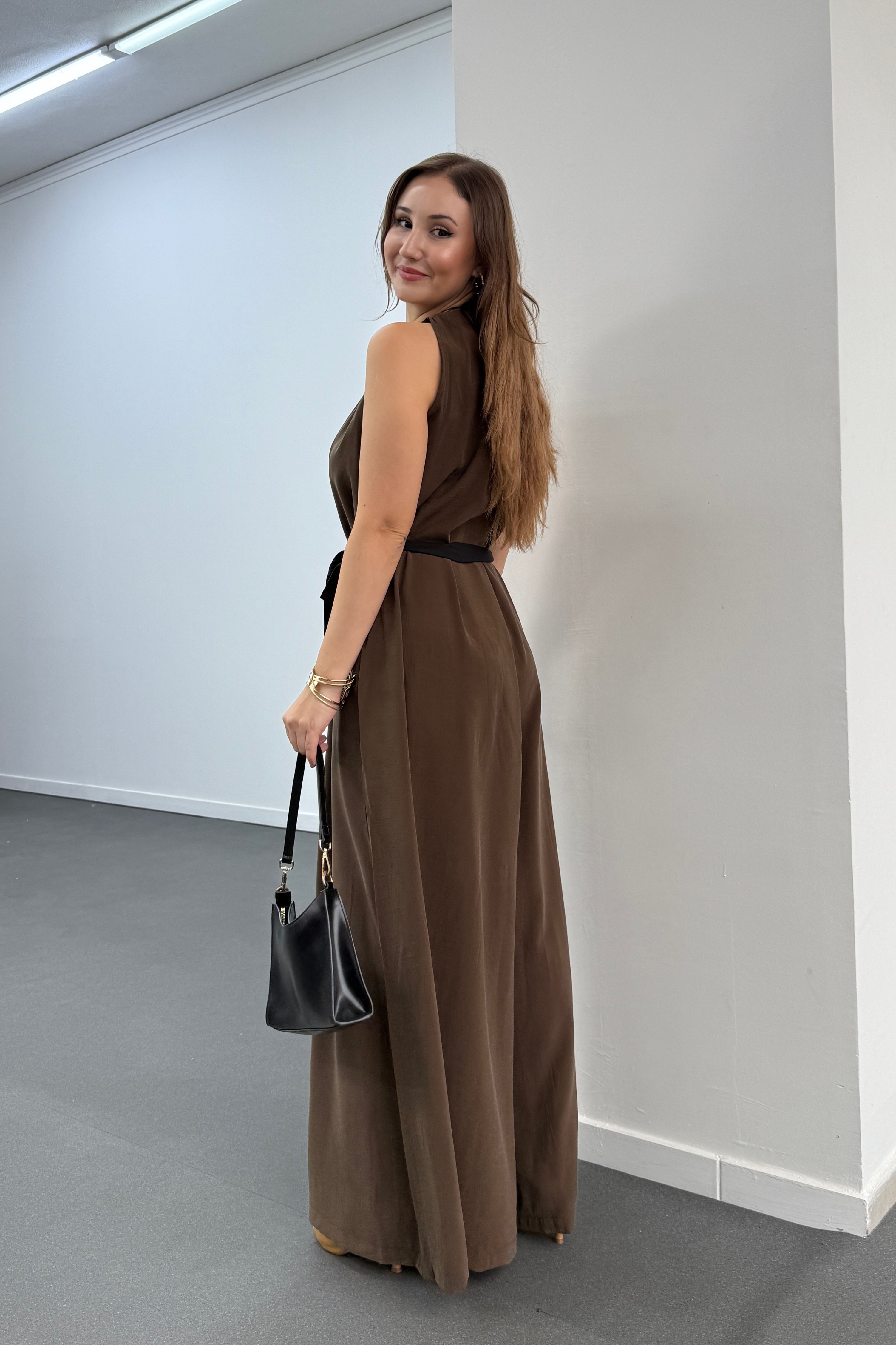 Narges Kahverengi Modal Kumaşlı Geniş Paça Tulum