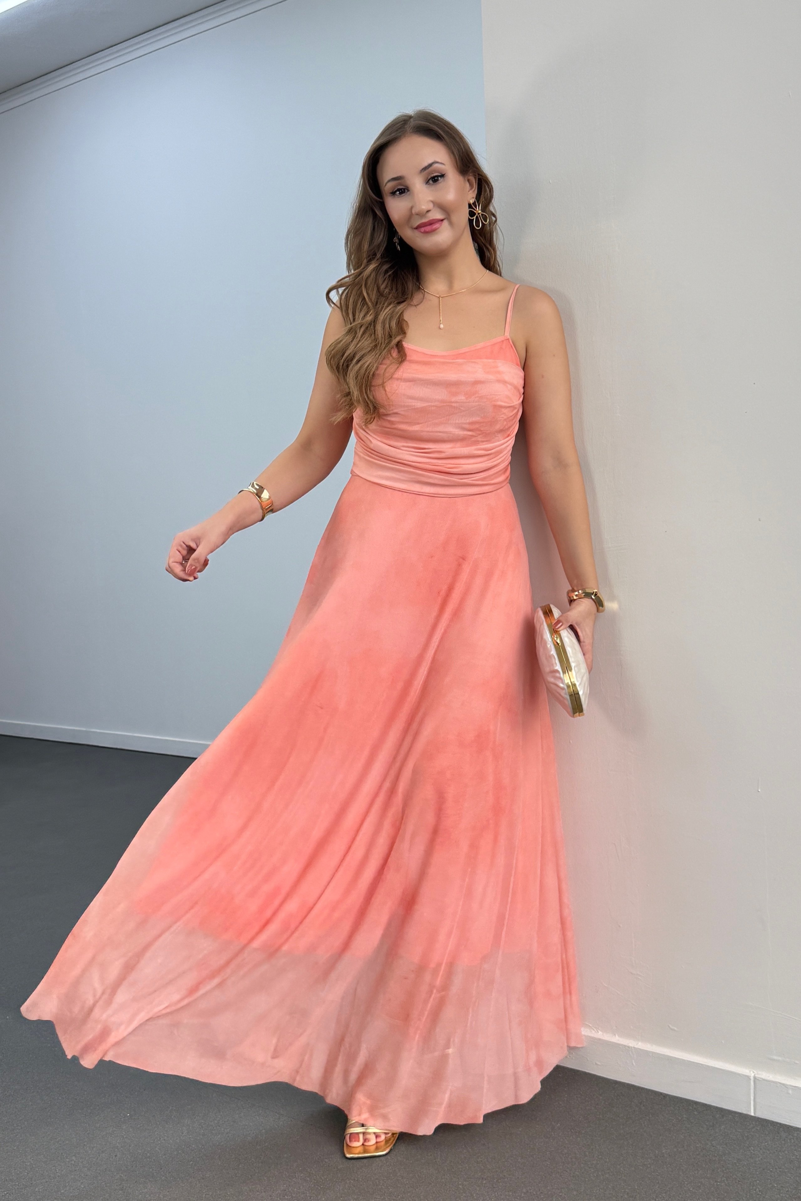 Elenor Orange Drapeli Askılı Maxi Elbise