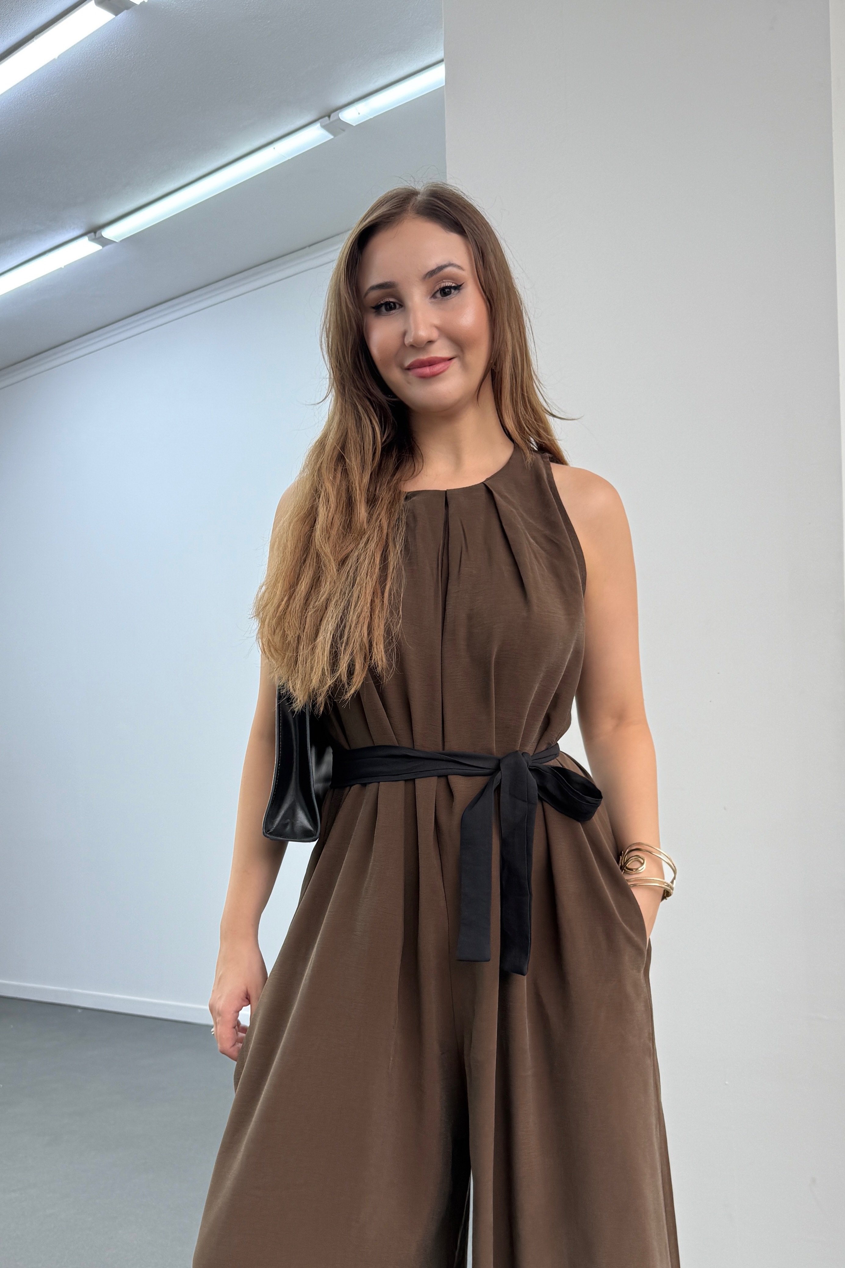 Narges Kahverengi Modal Kumaşlı Geniş Paça Tulum
