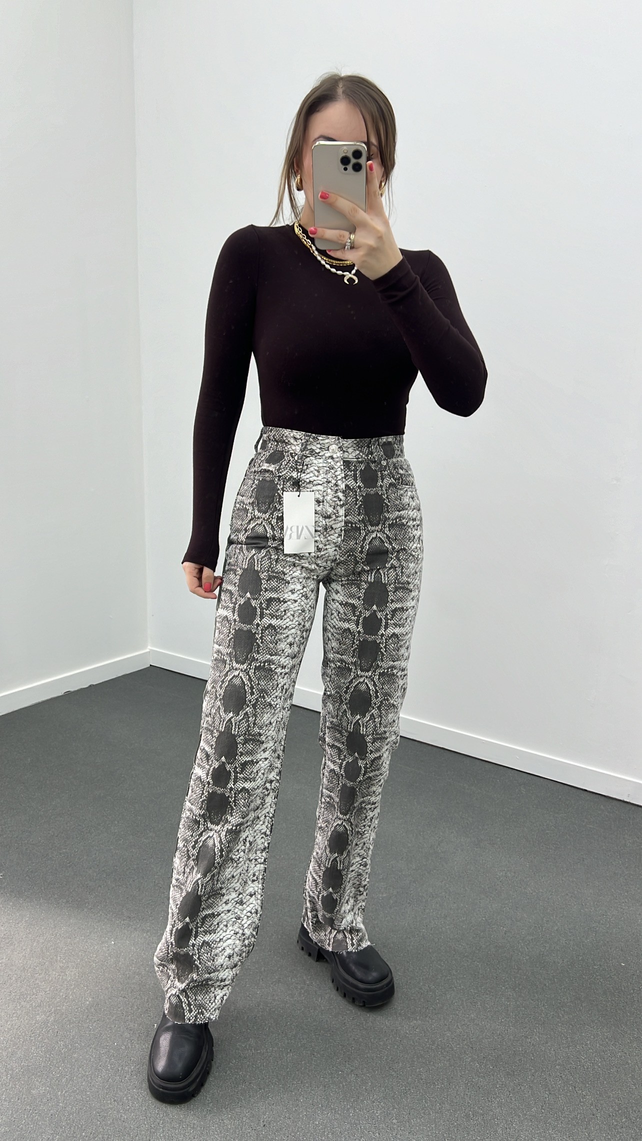 ZR Gri Yılan Desenli Wide Leg Jeans
