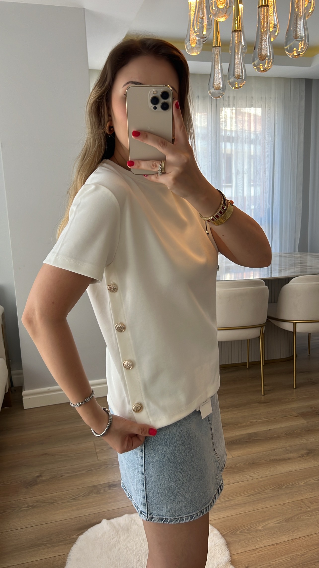 ZR Gold Düğmeli Tok Premium Beyaz Tshirt
