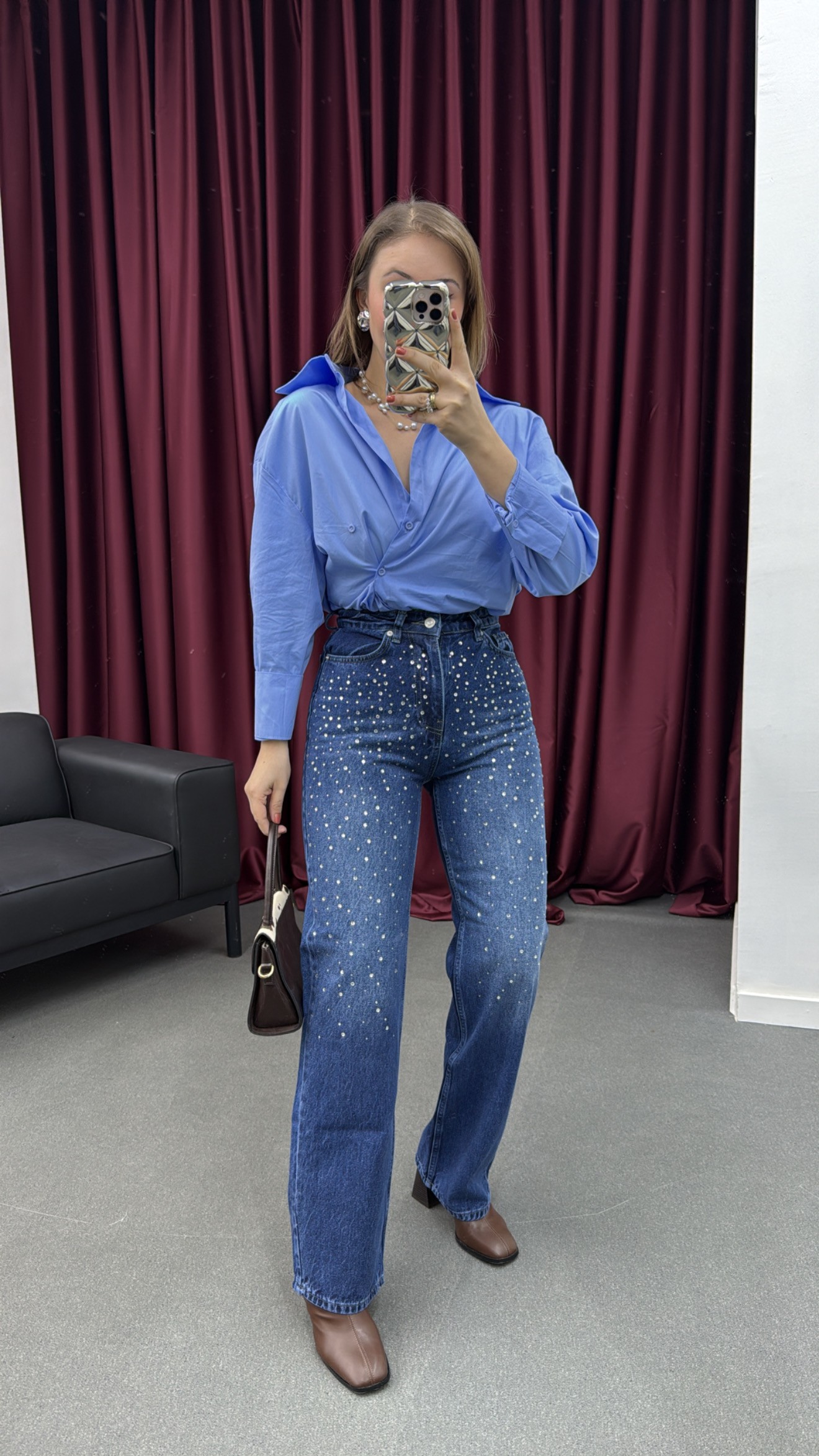 ZR Swarovski Koyu Taş Aksesuarlı Premium Jean