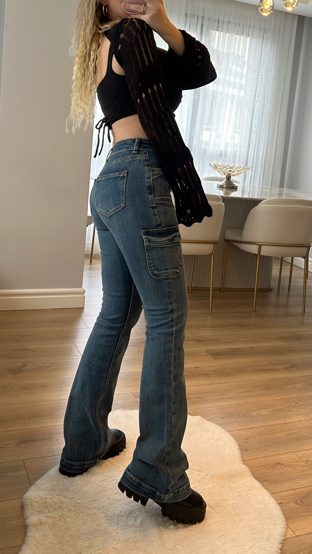Vintage Lacivert Soft Flare Kargo Jeans