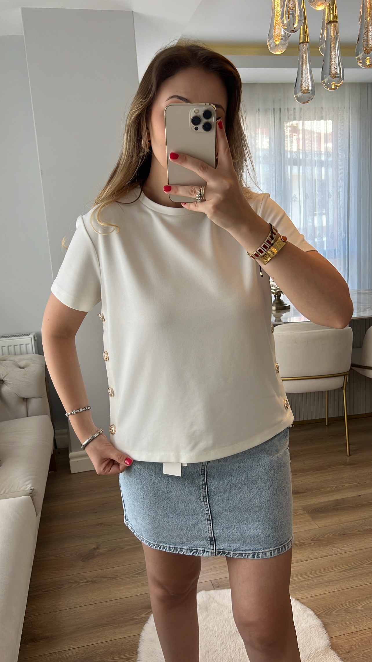 ZR Gold Düğmeli Tok Premium Beyaz Tshirt