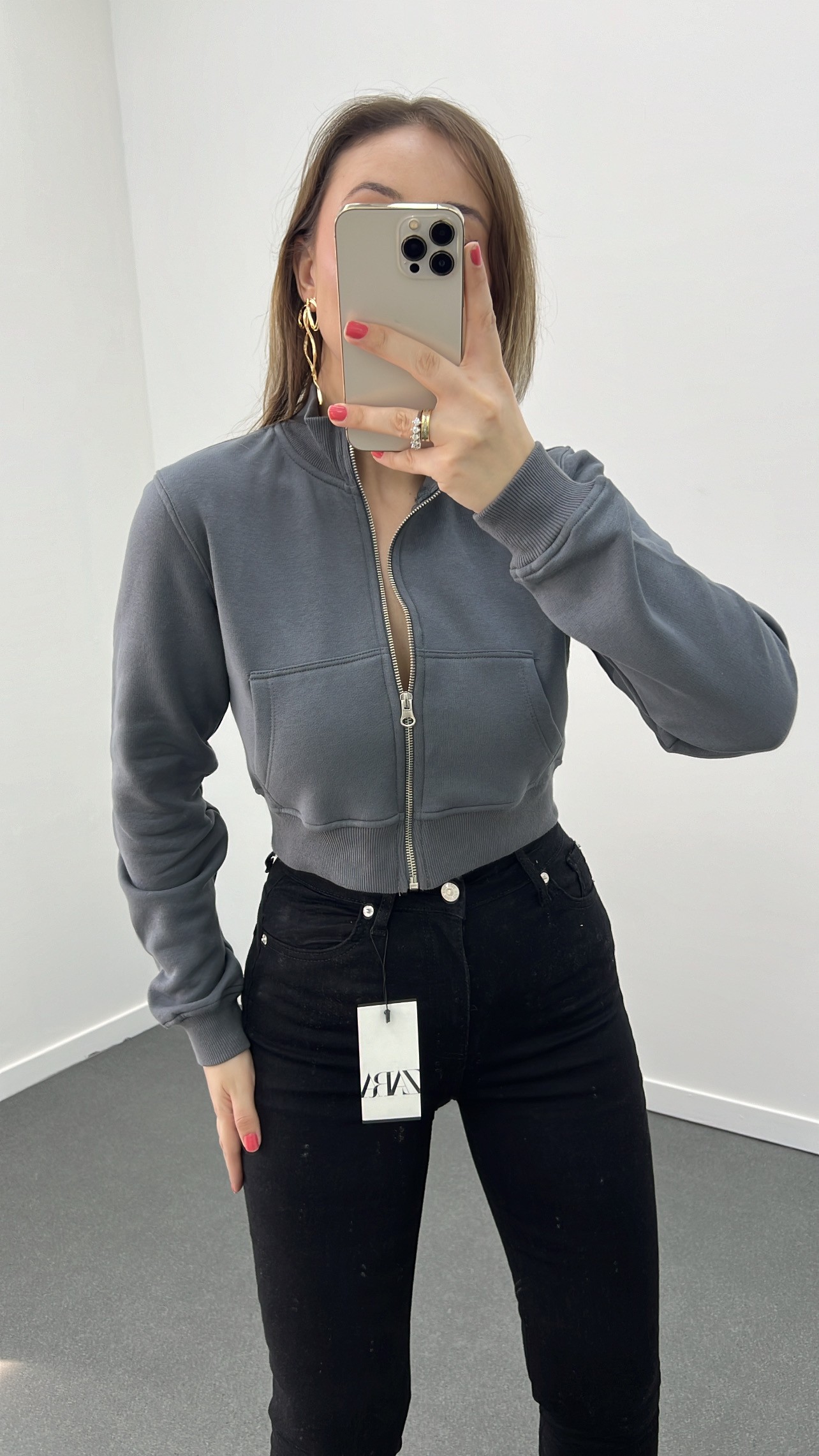 HM Gri Fermuarlı Crop Hırka