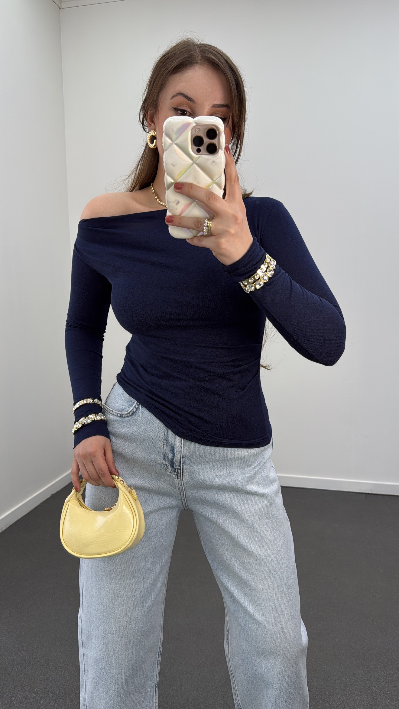 Otilia Lacivert Yanı Pileli Kaşmir Bluz