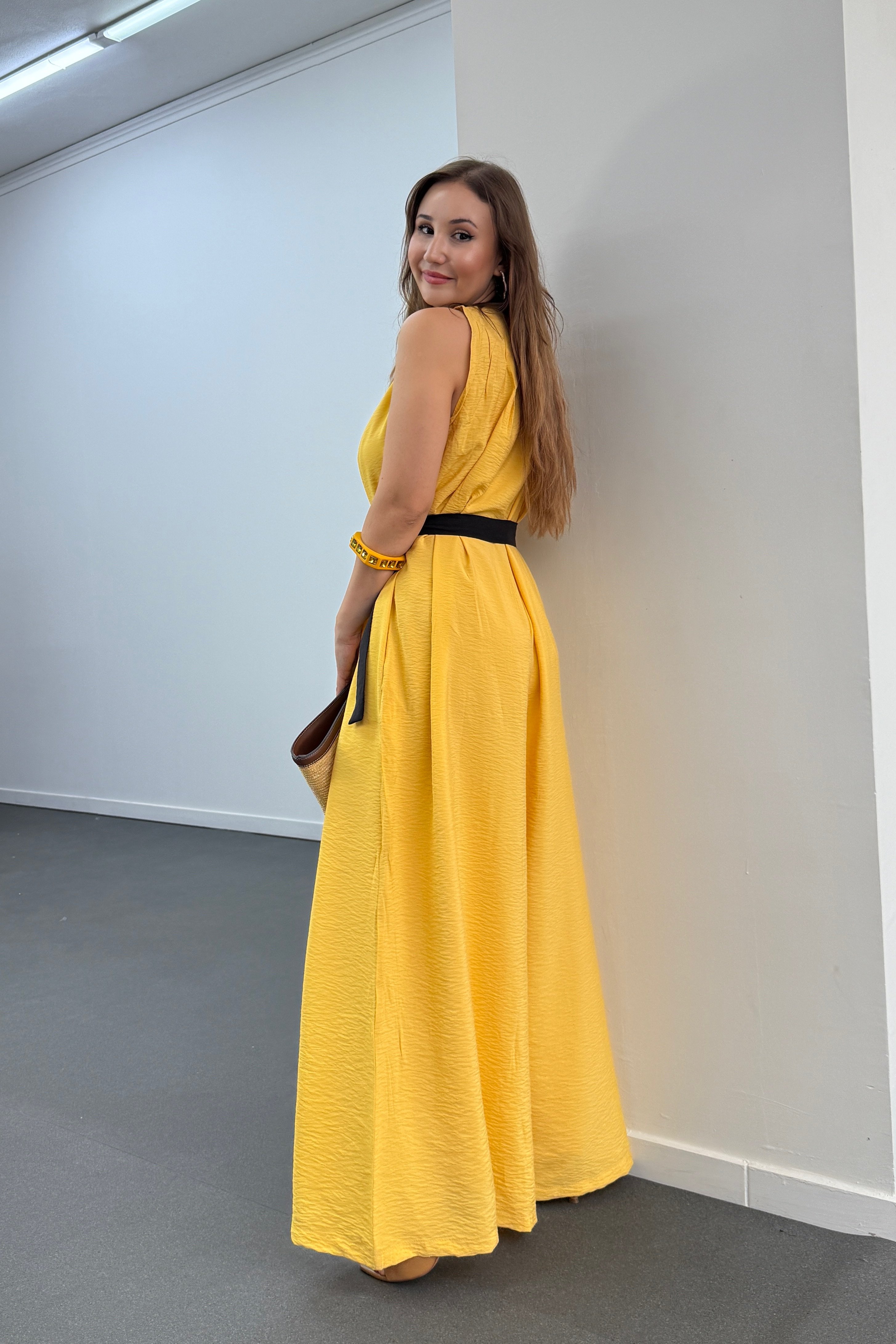 Narges Sarı Modal Kumaşlı Geniş Paça Tulum