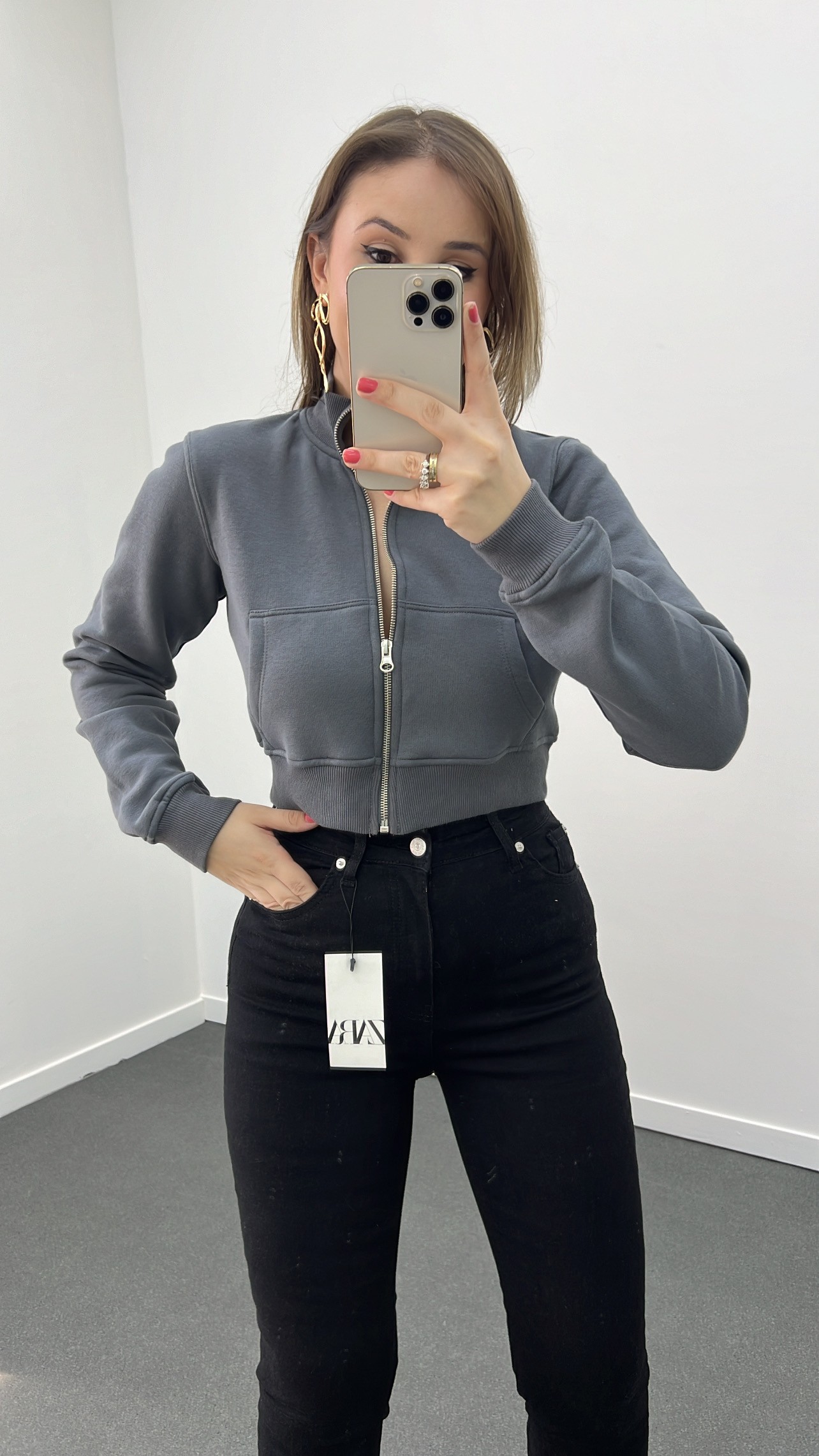 HM Gri Fermuarlı Crop Hırka