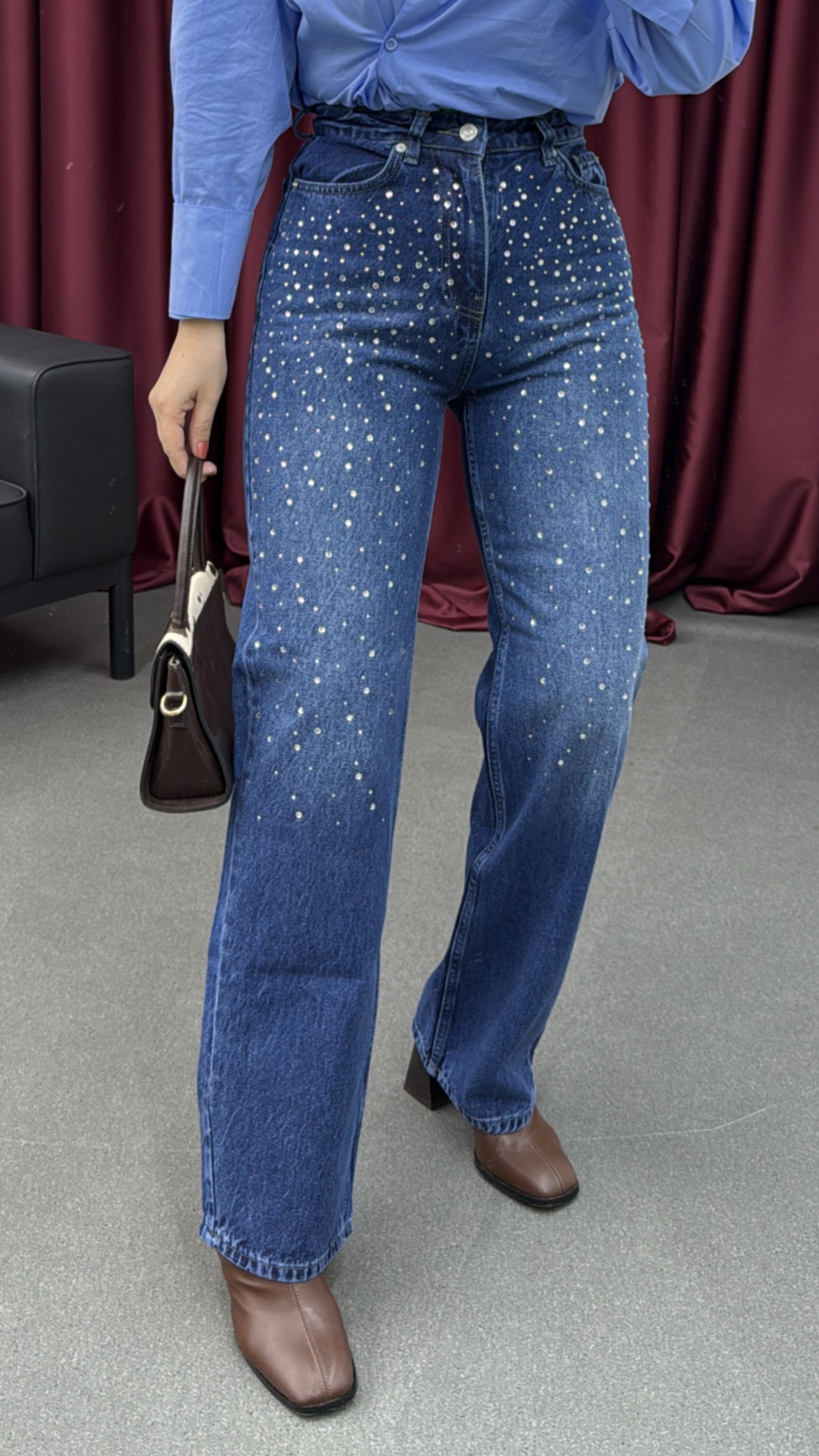 ZR Swarovski Koyu Taş Aksesuarlı Premium Jean