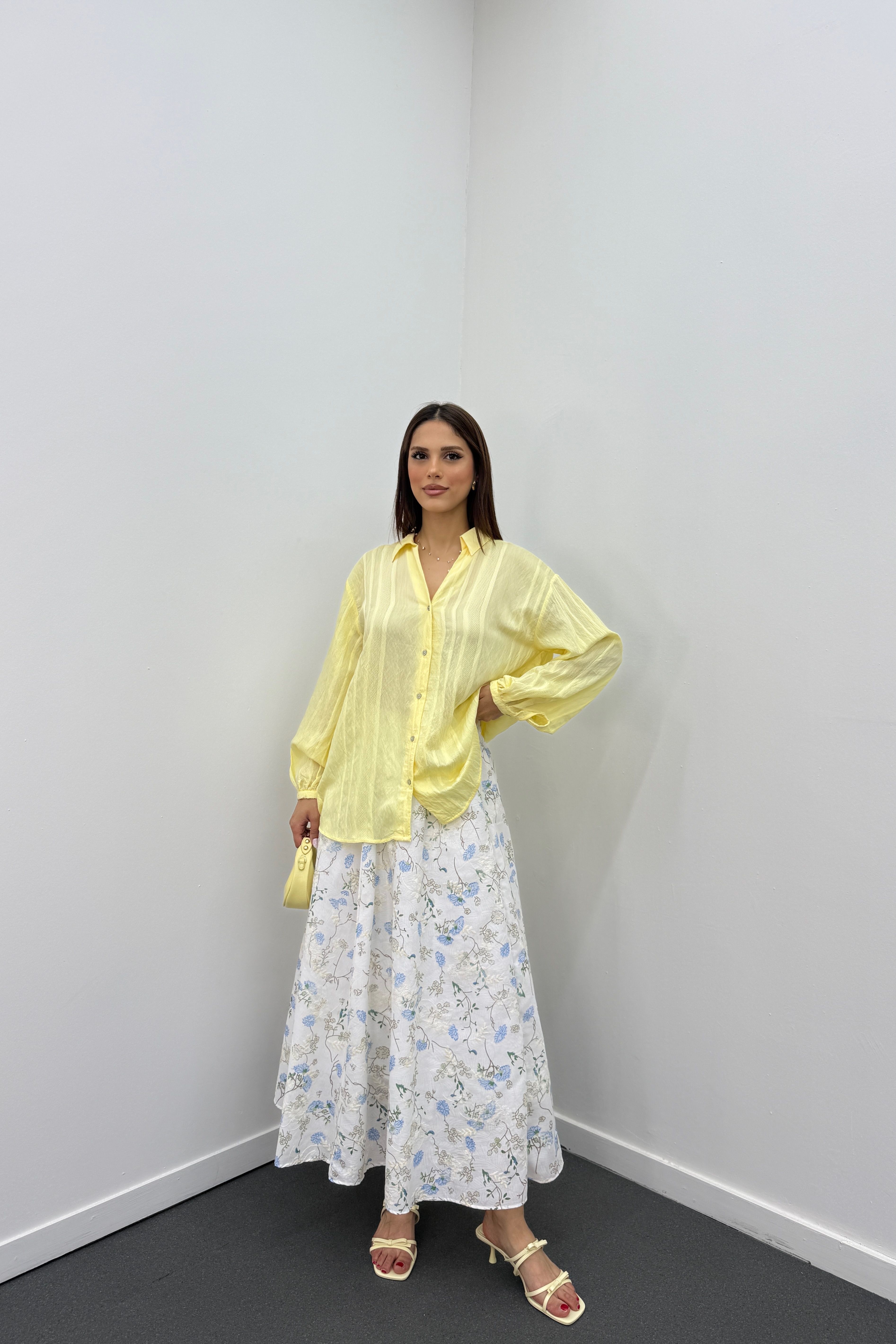 Asina Mavi Çiçek Desenli Midi Etek 
