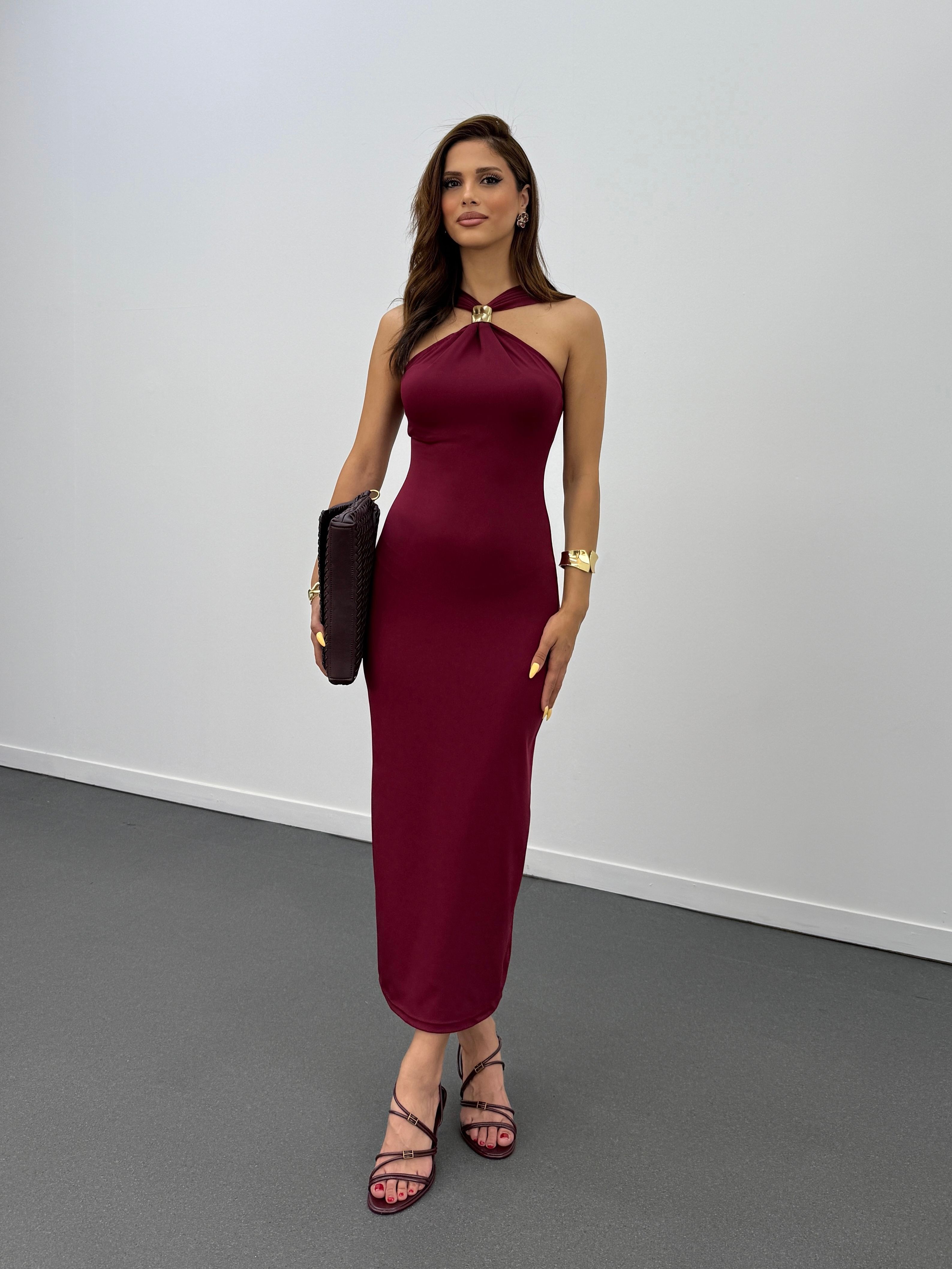 Gabrini Bordo Gold Toka Detaylı Kalem Elbise