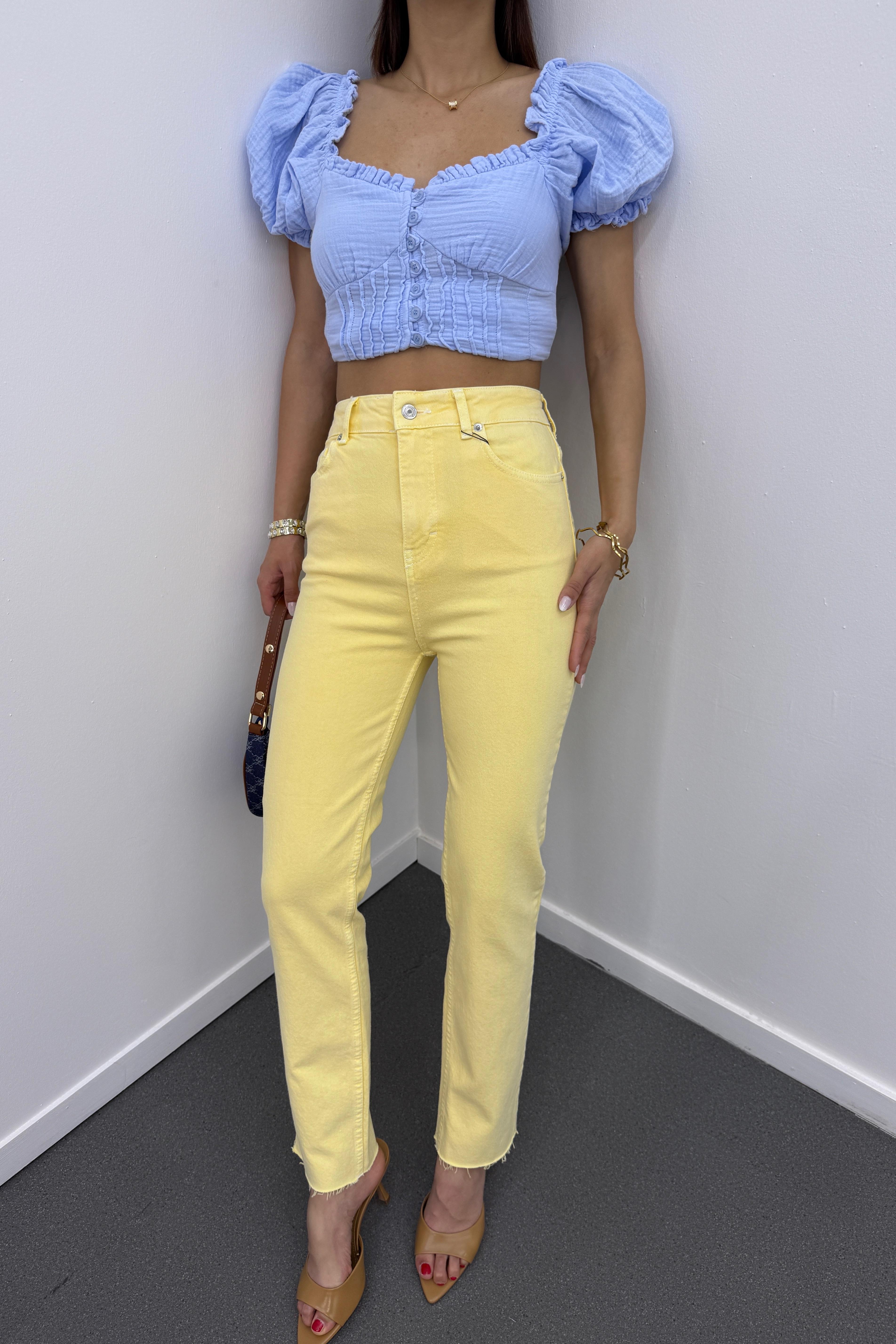  Juliet Açık Sarı Renk Yüksek Bel Slim Fit Jeans