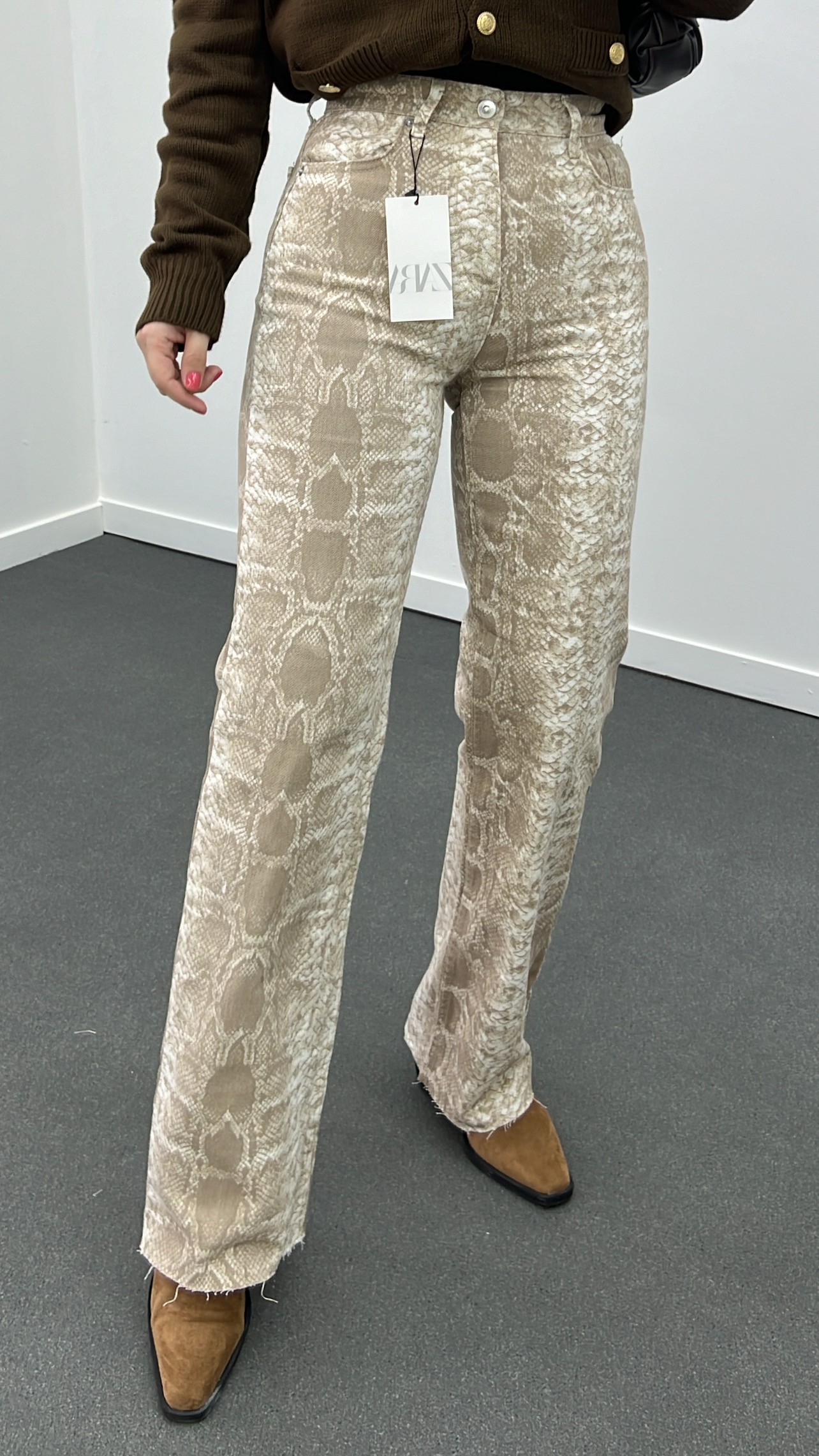 ZR Bej Yılan Desenli Wide Leg Jeans