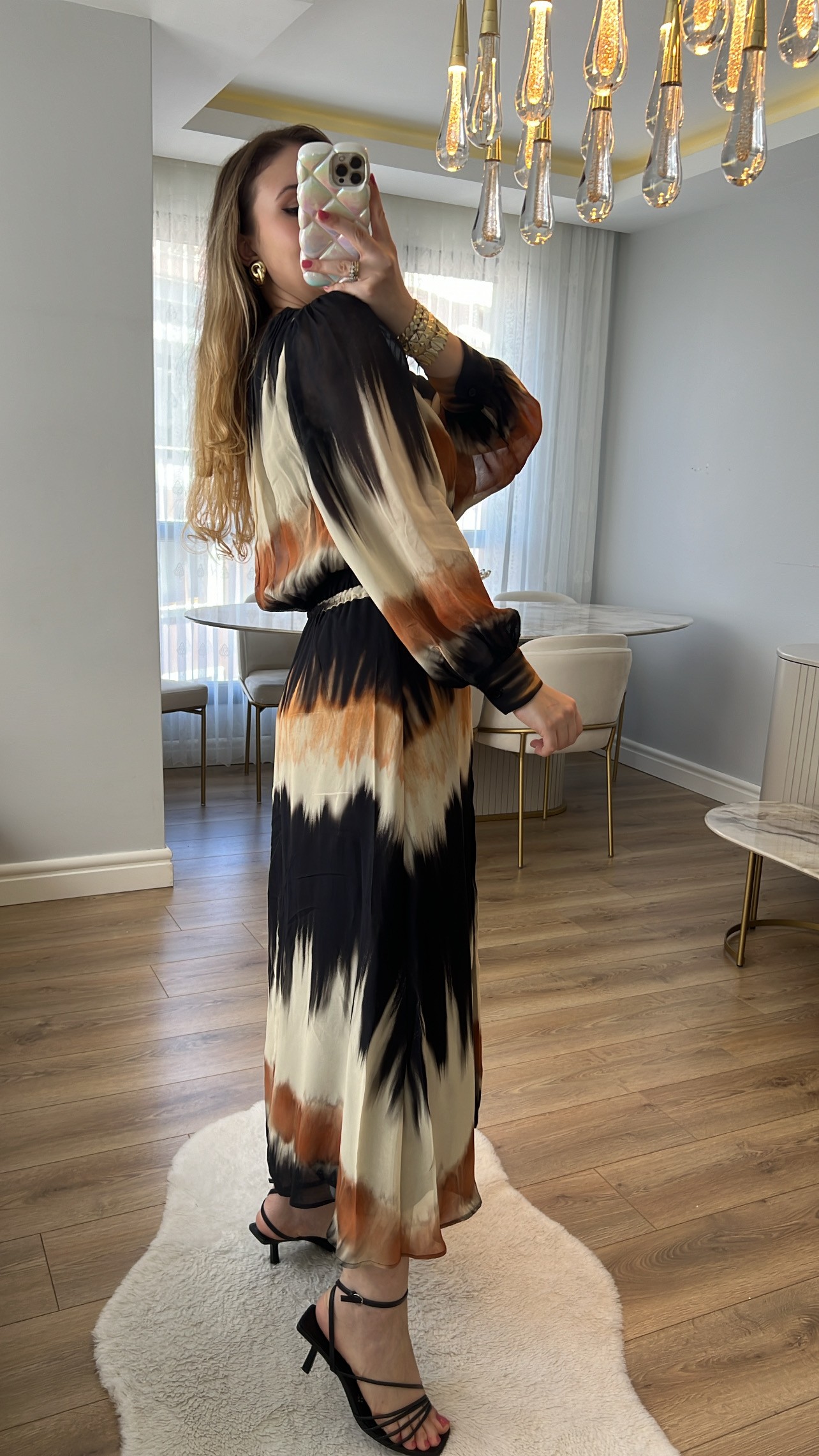 ZR Batik Desenli Midi Şifon Elbise