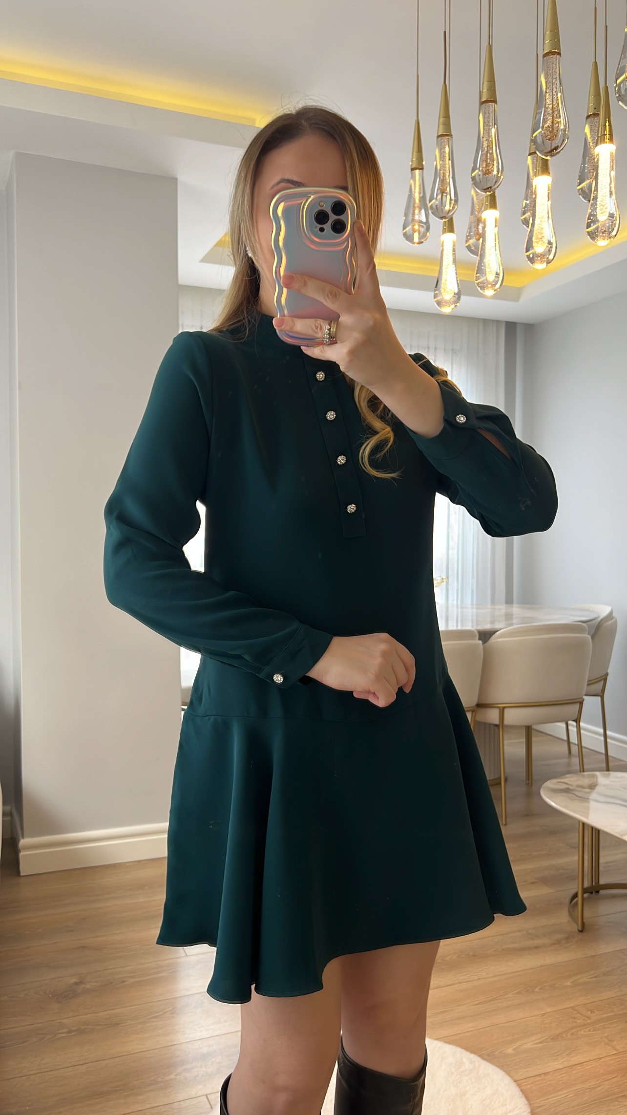 ZR Zümrüt Yeşili Taş Aksesuarlı Elbise