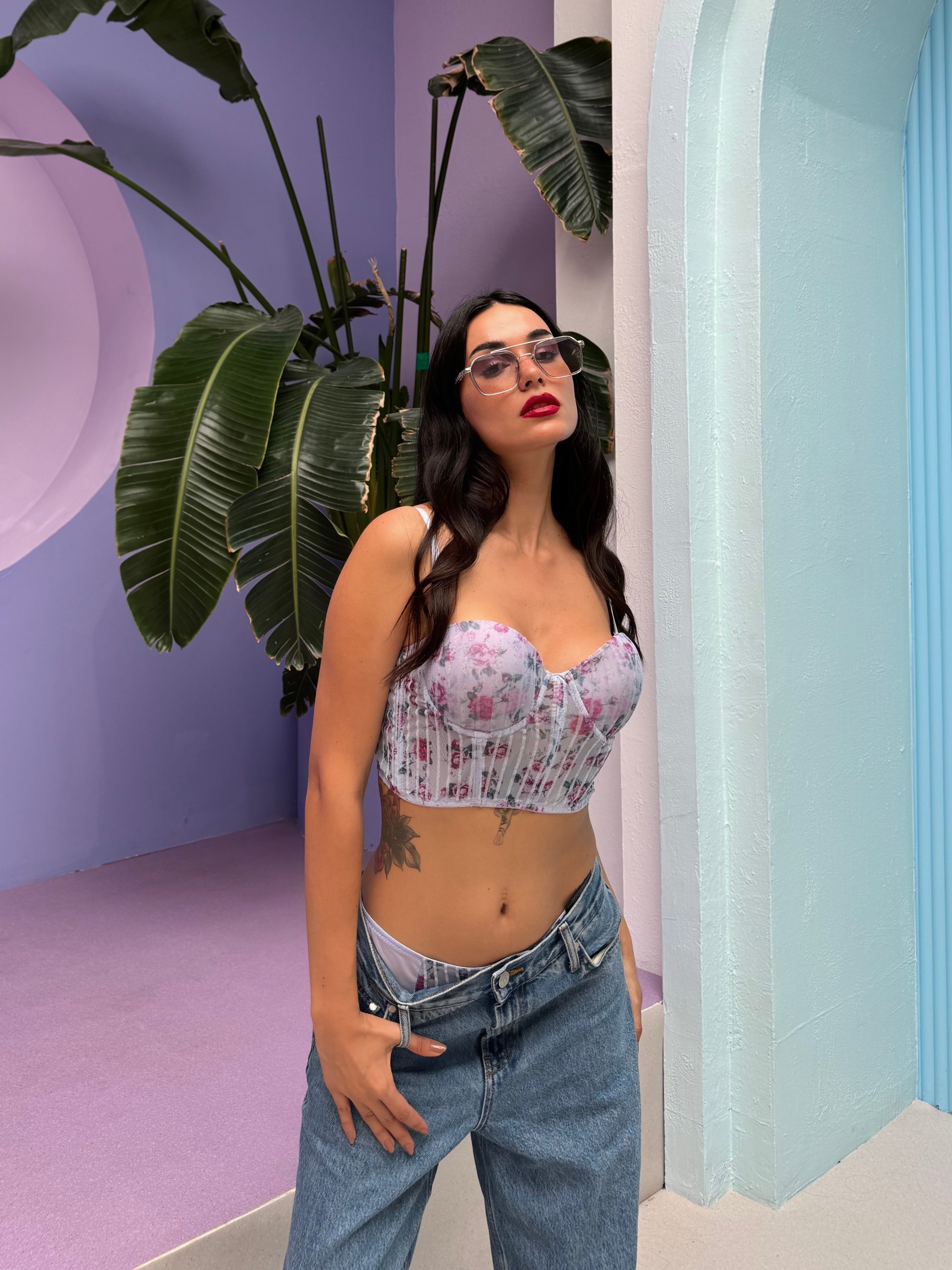 Nadia Mavi Çiçekli Push Up Bralet Takımı