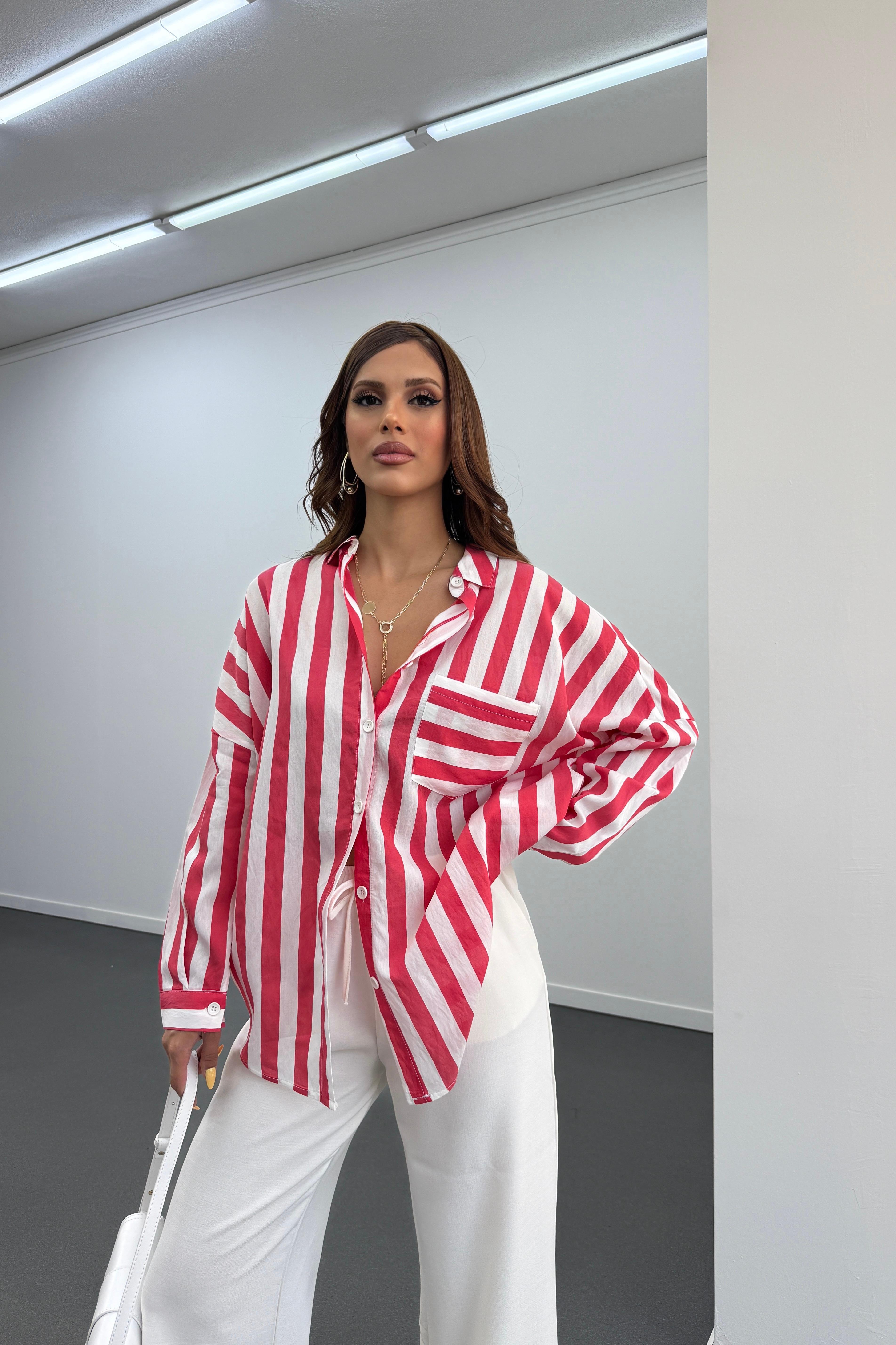 Farva Kırmızı Çizgili Oversize Gömlek