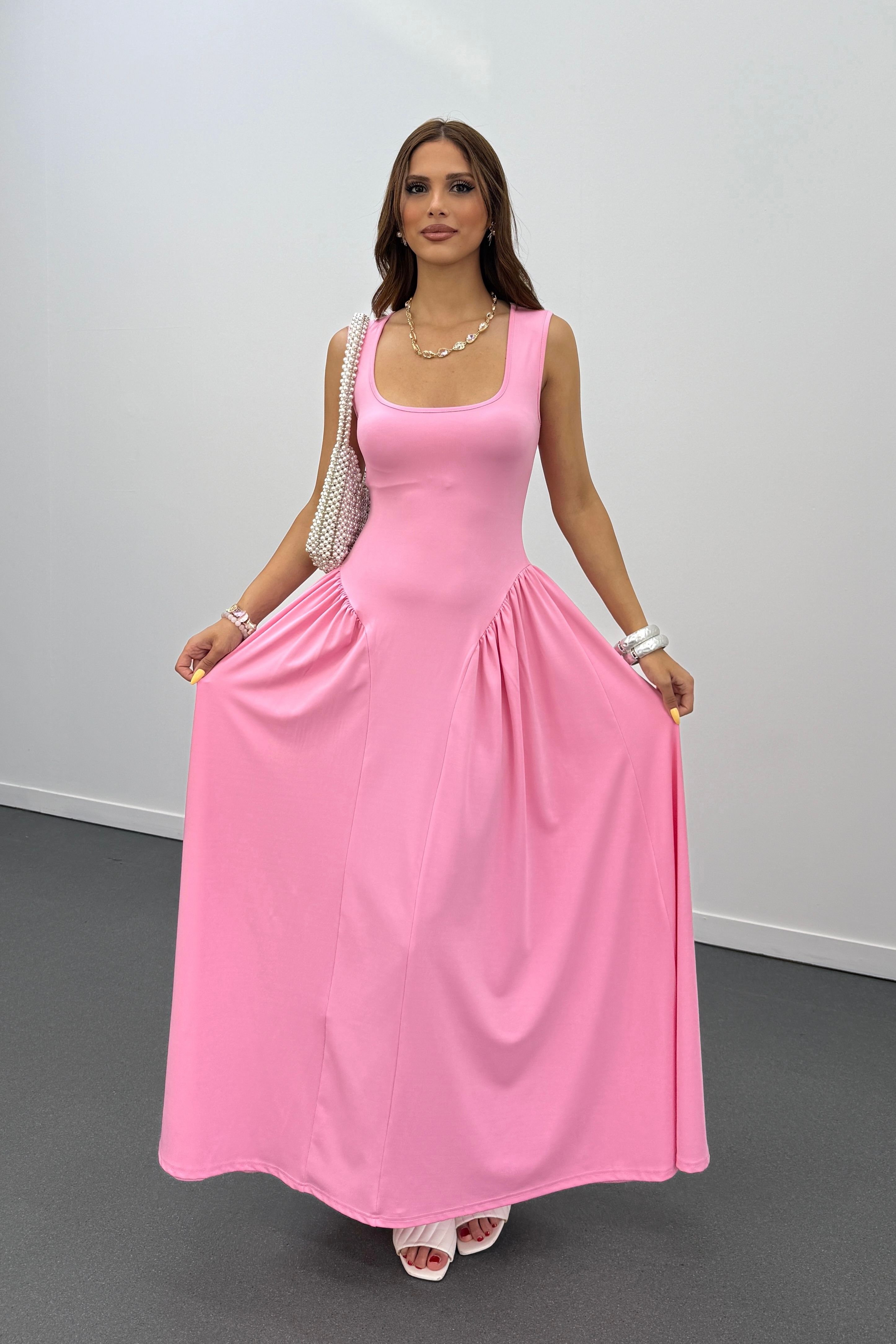 Ayge Pembe Pileli Kalın Askılı Maxi Elbise