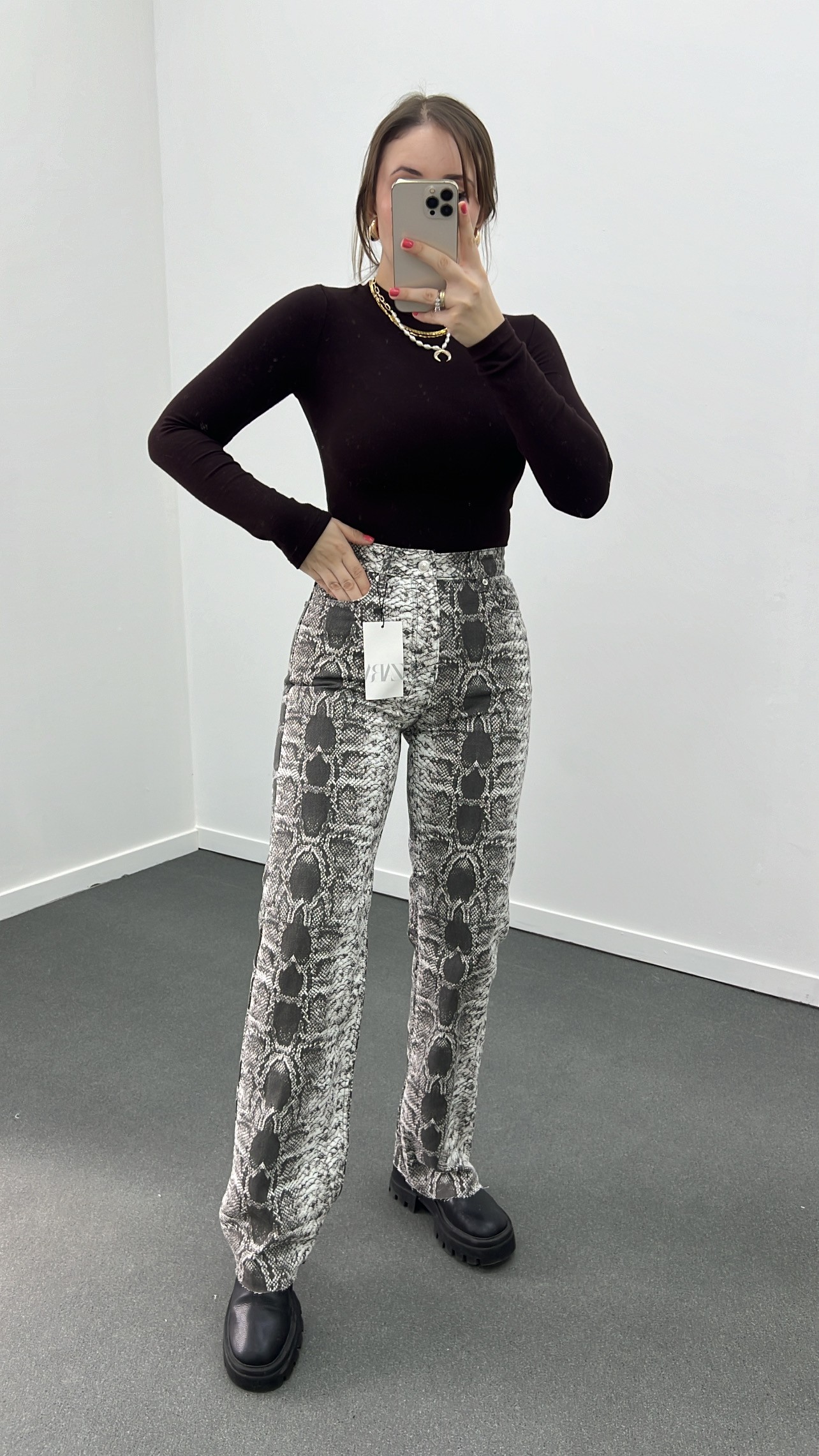 ZR Gri Yılan Desenli Wide Leg Jeans