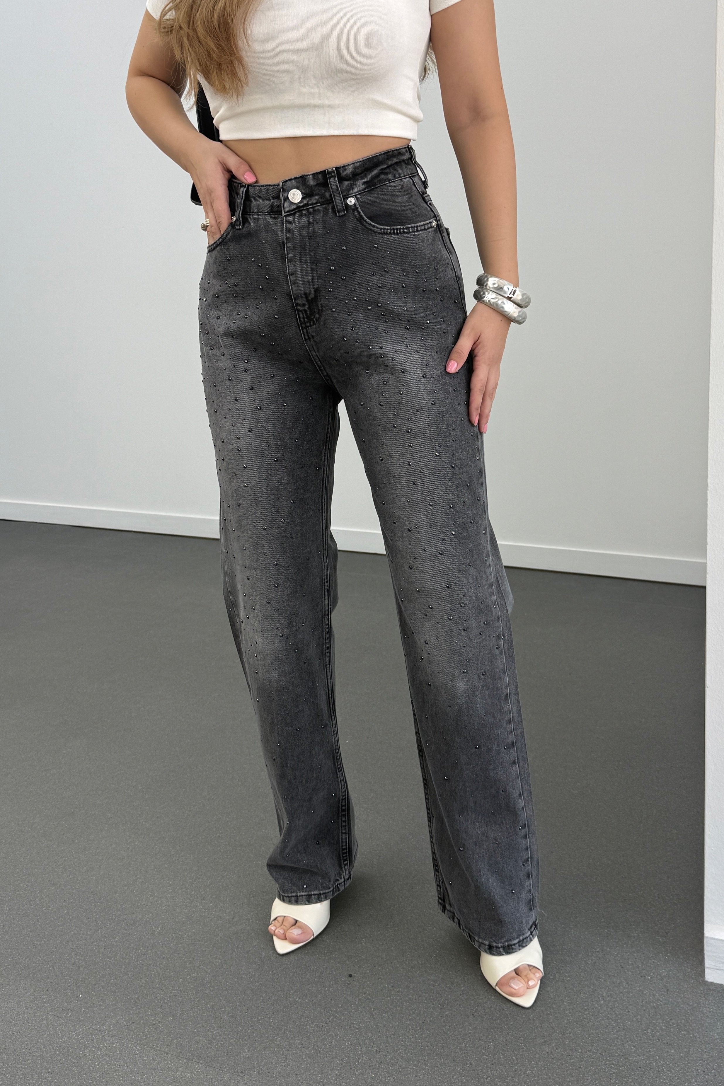 ZR Swarovski Koyu Gri Taş Aksesuarlı Premium Jean