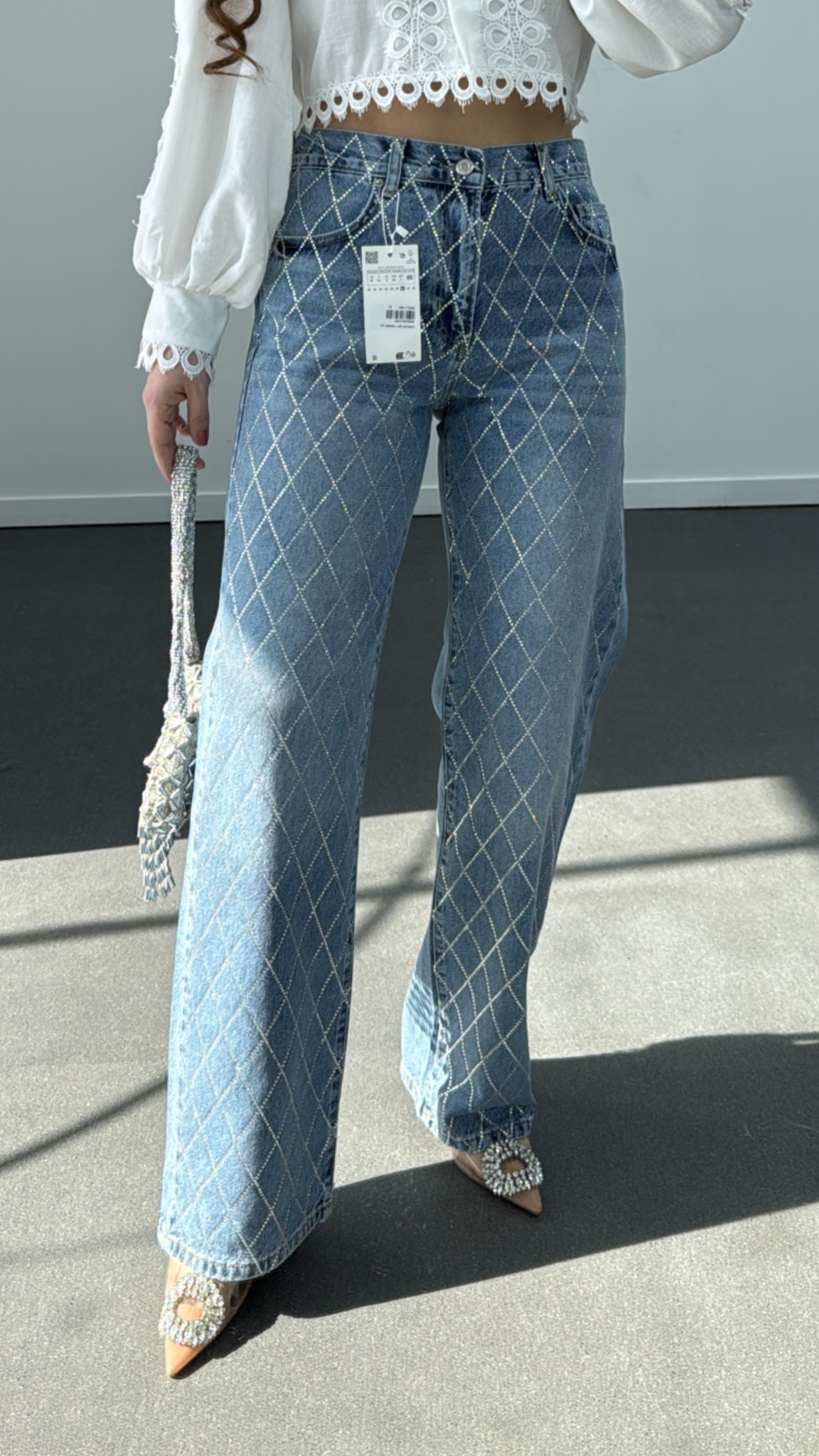 Shine Kot Renk Taş İşlemeli Loose Fit Jeans