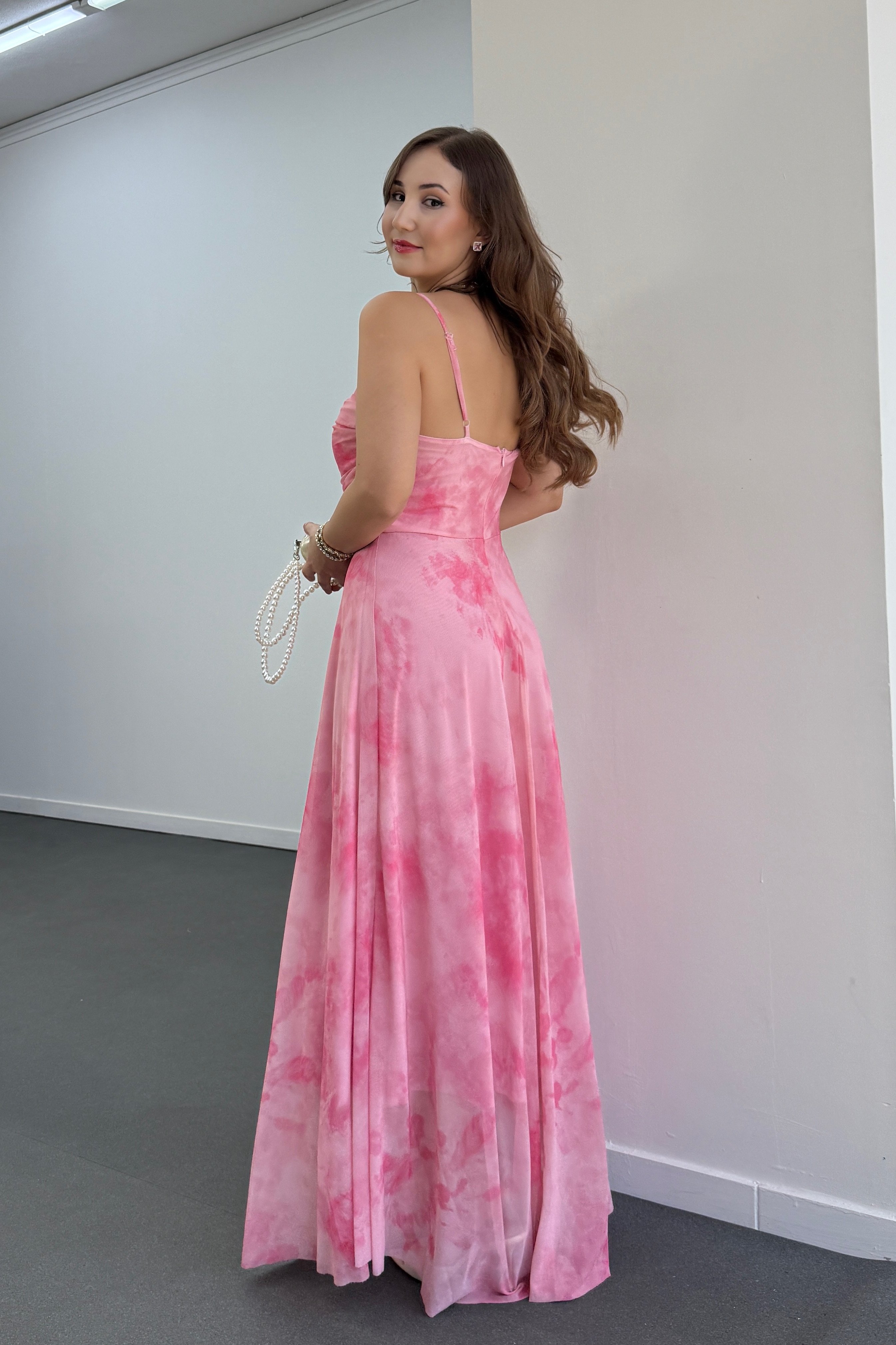Elenor Pembe Drapeli Askılı Maxi Elbise