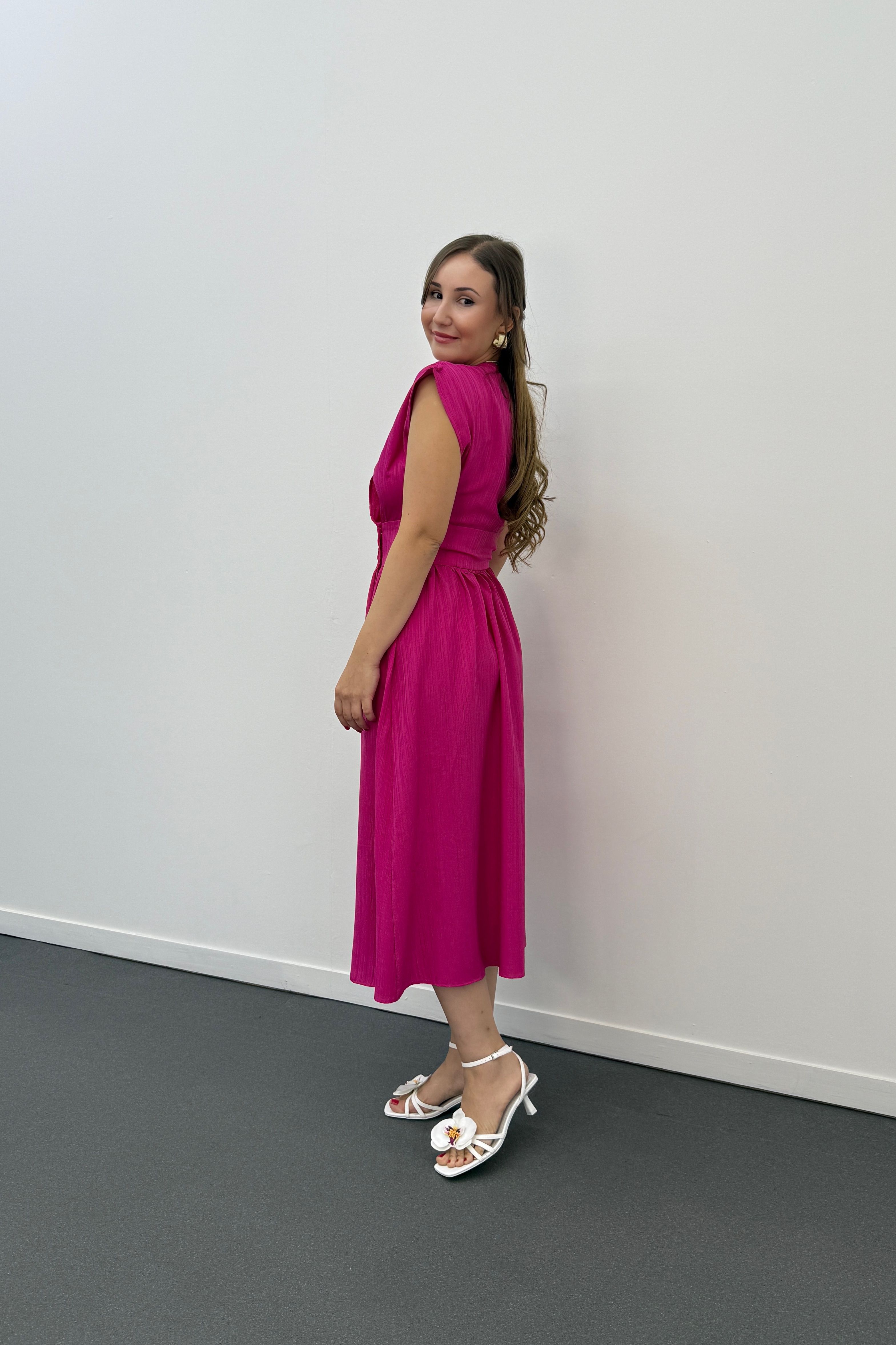 Farima Pembe Gofre Kumaş Kruvaze Elbise