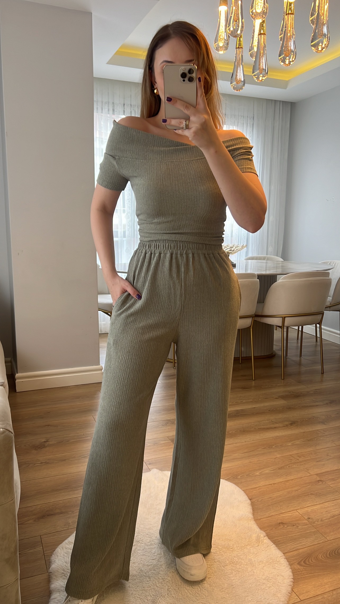 ZR Yeşil Madonna Müslin Kumaş Premium Bluz Pantolon Takımı