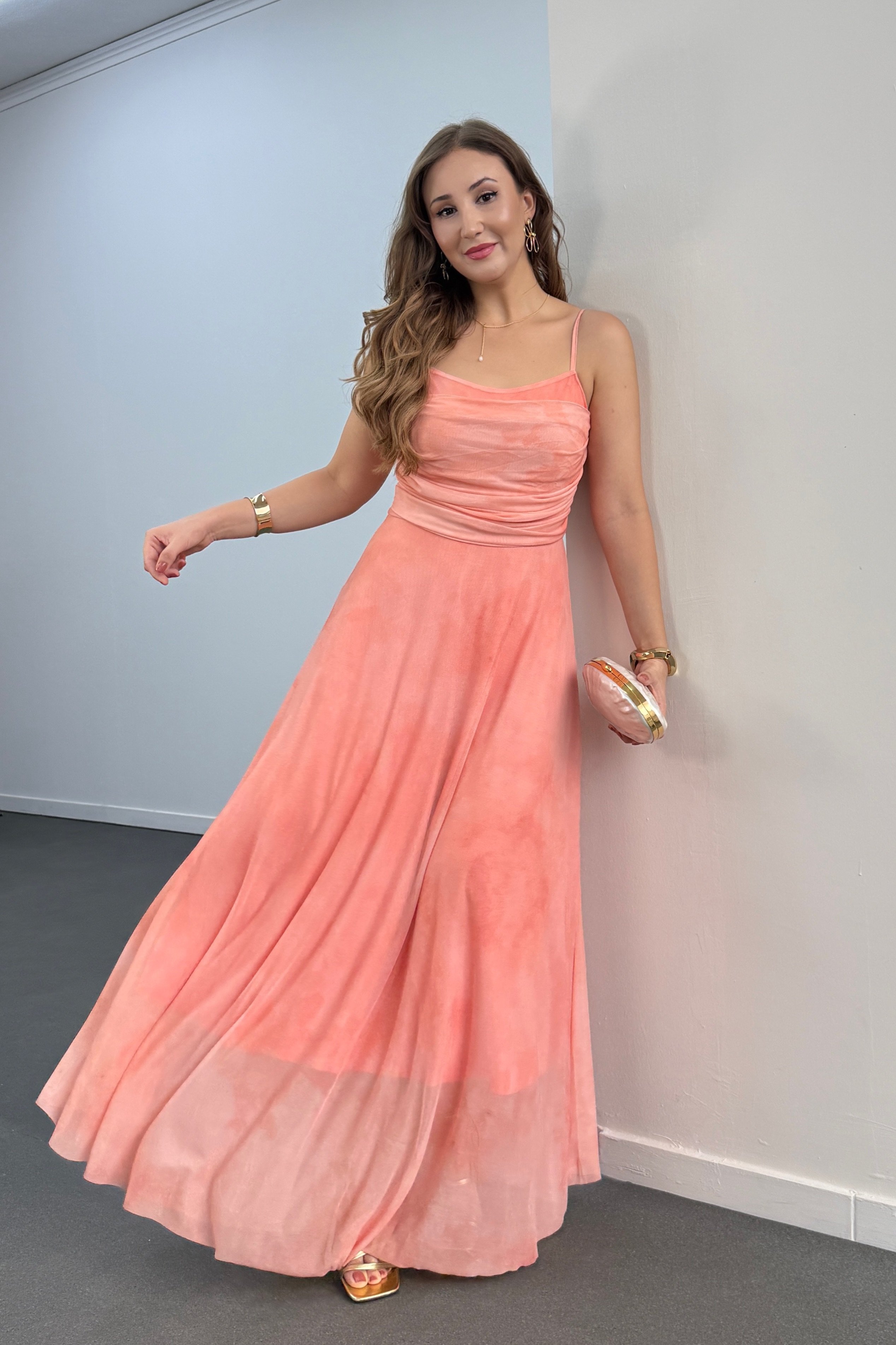 Elenor Orange Drapeli Askılı Maxi Elbise