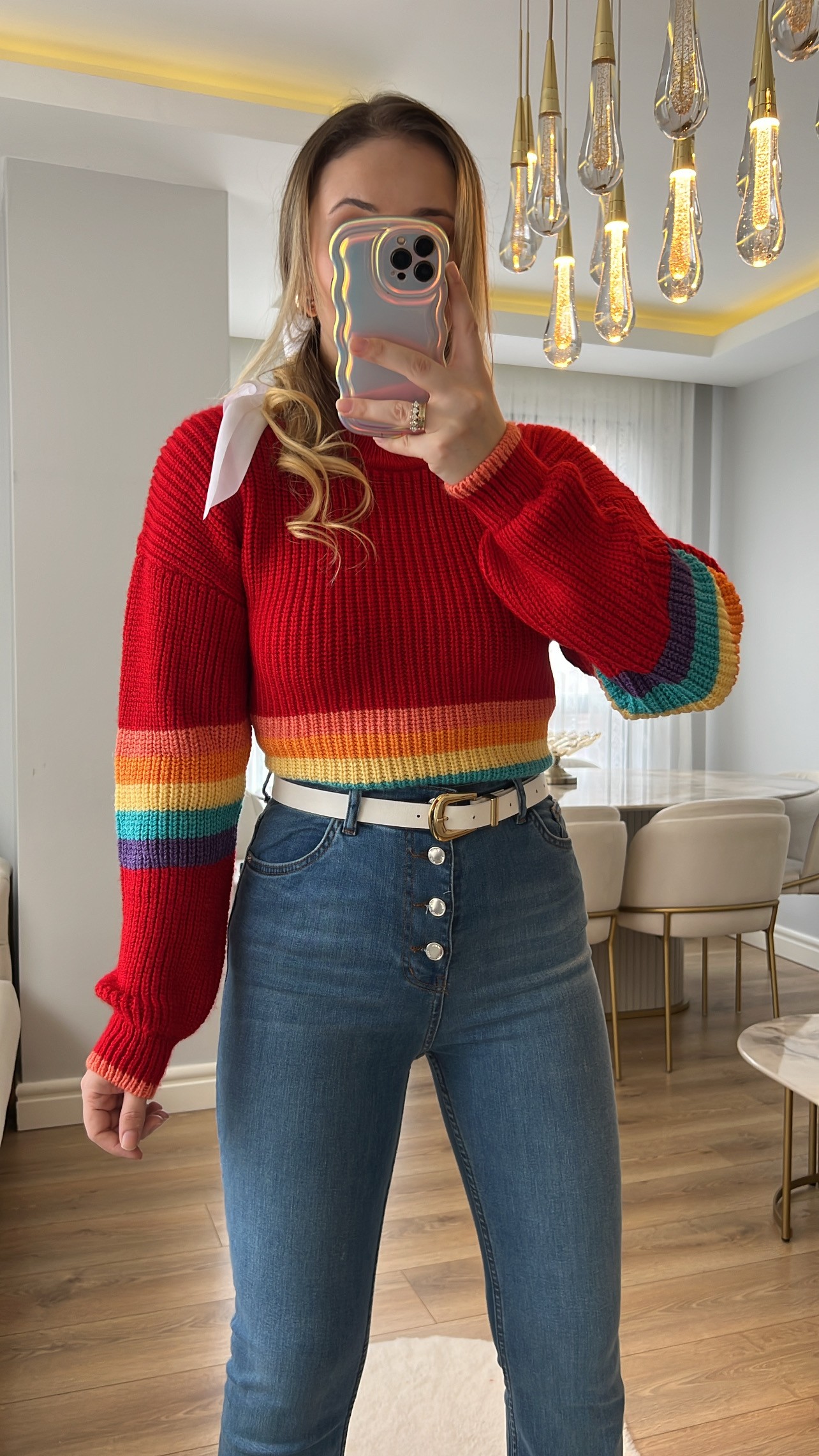 Kırmızı Rainbow Vintage Desenli Kazak