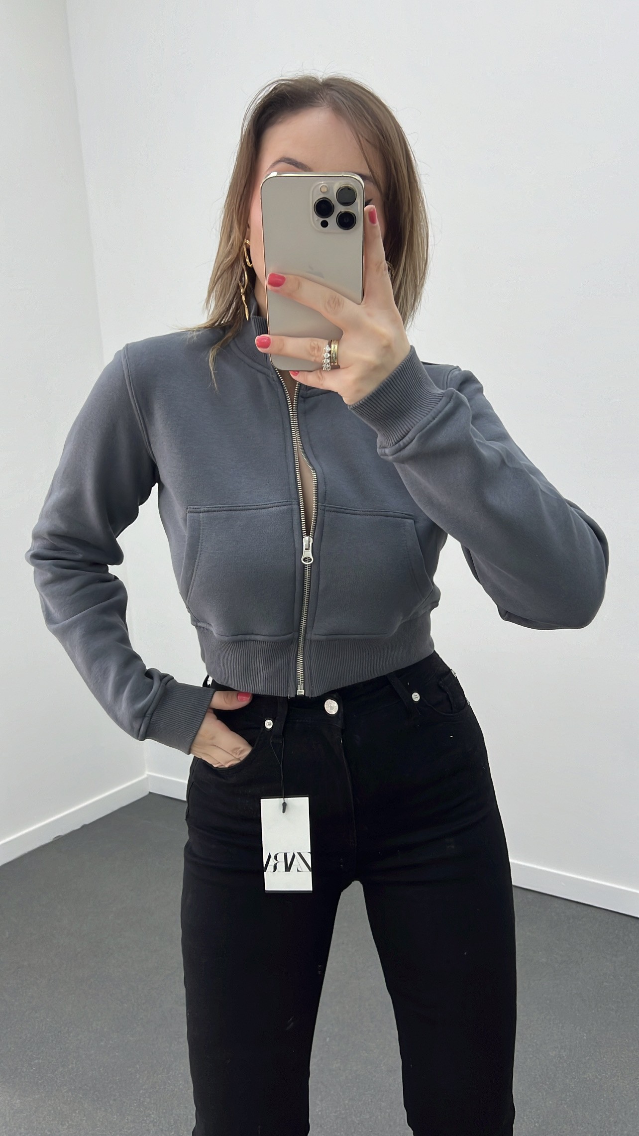 HM Gri Fermuarlı Crop Hırka