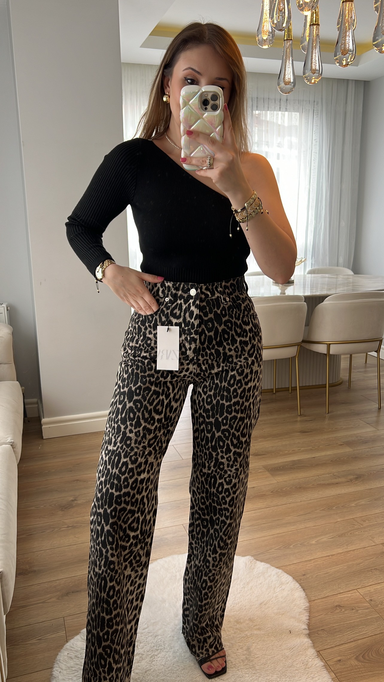 Robert Premium Siyah Leopar Wide Leg Jeans